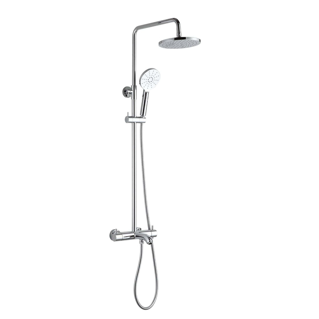 Polished chrome shower panel with overhead and handheld showerheads for luxurious bathroom setup.