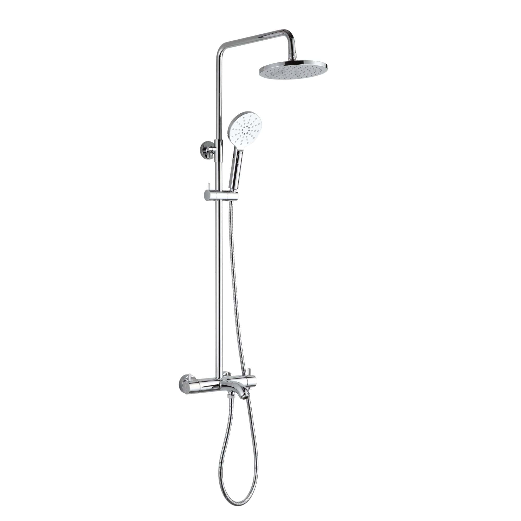 Polished chrome shower panel with overhead and handheld showerheads for luxurious bathroom setup.