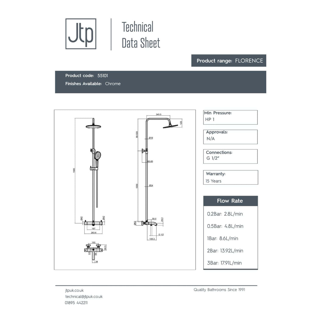 Modern chrome bathroom shower with overhead and hand spray, detailed technical drawing on white background.
