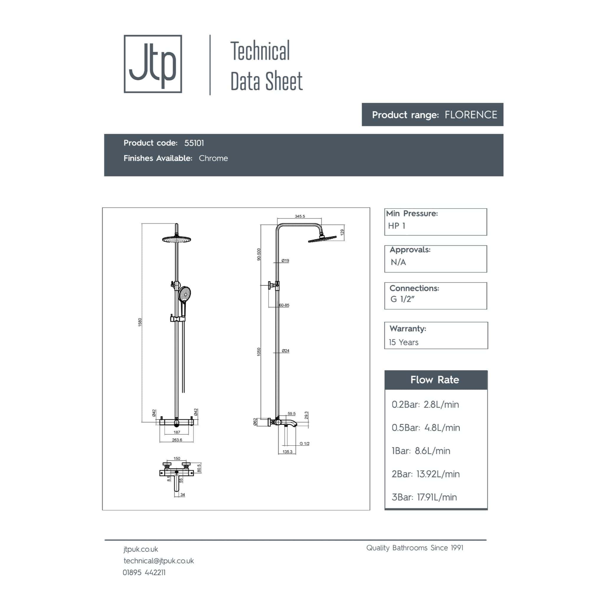 Modern chrome bathroom shower with overhead and hand spray, detailed technical drawing on white background.