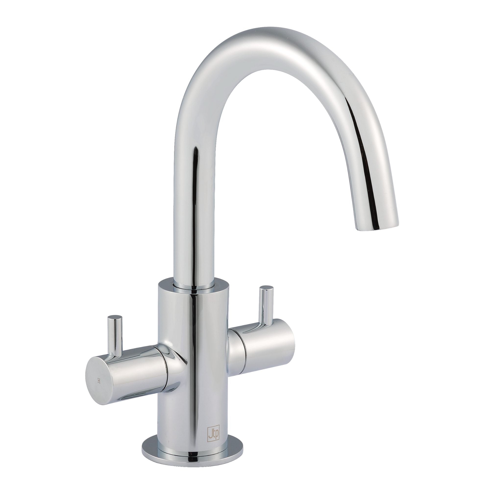Sleek modern chrome kitchen or bathroom tap with dual handles and high arch spout, ideal for contemporary plumbing and fixture upgrades.