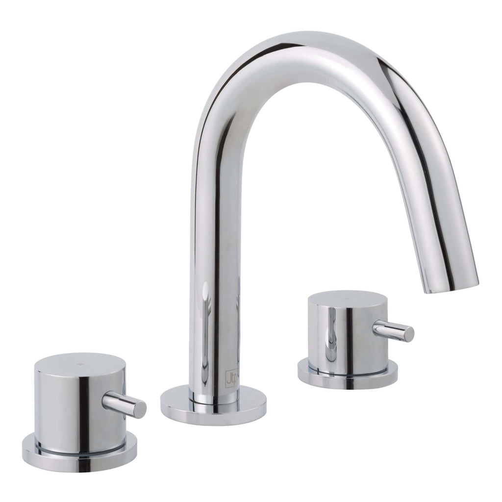Sleek chrome kitchen or bathroom tap with dual control handles and high-arc spout, designed for modern bathrooms and kitchens. Perfect for contemporary bathroom renovations and upgrades.