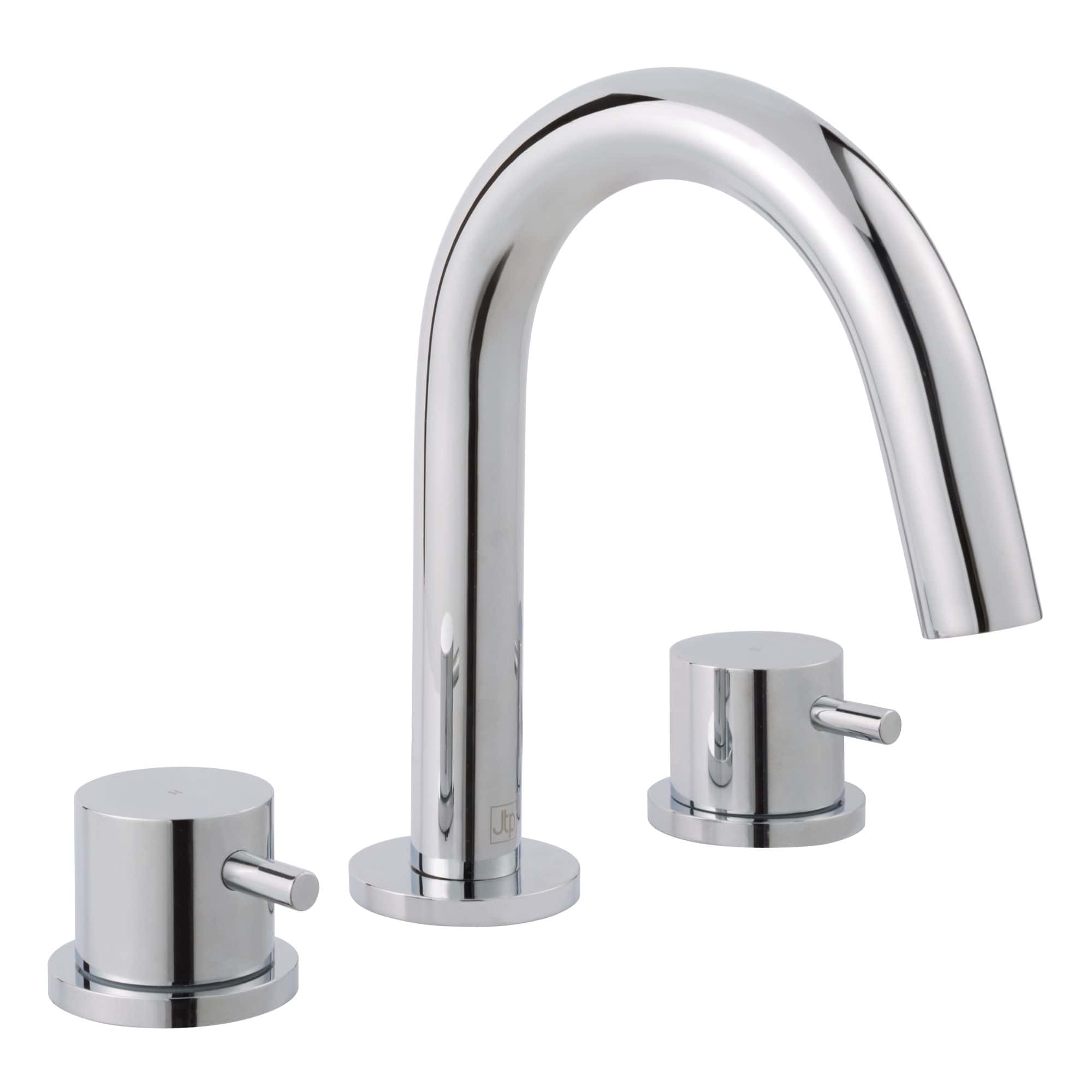 Sleek chrome kitchen or bathroom tap with dual control handles and high-arc spout, designed for modern bathrooms and kitchens. Perfect for contemporary bathroom renovations and upgrades.