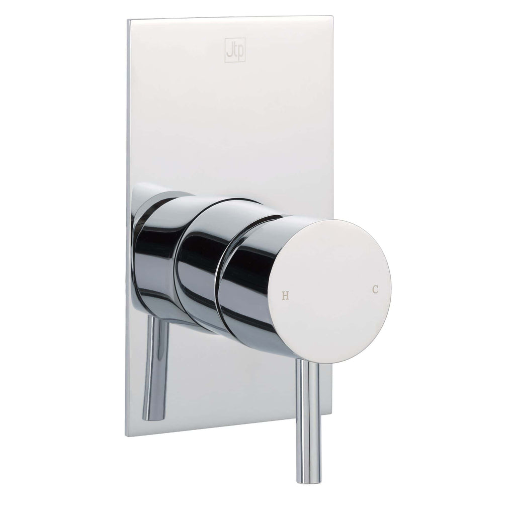 Chrome bathroom thermostatic shower valve with H and C controls, wall-mounted for modern hand shower or bath tap operation. High-quality fixture by Bubly Bathrooms.