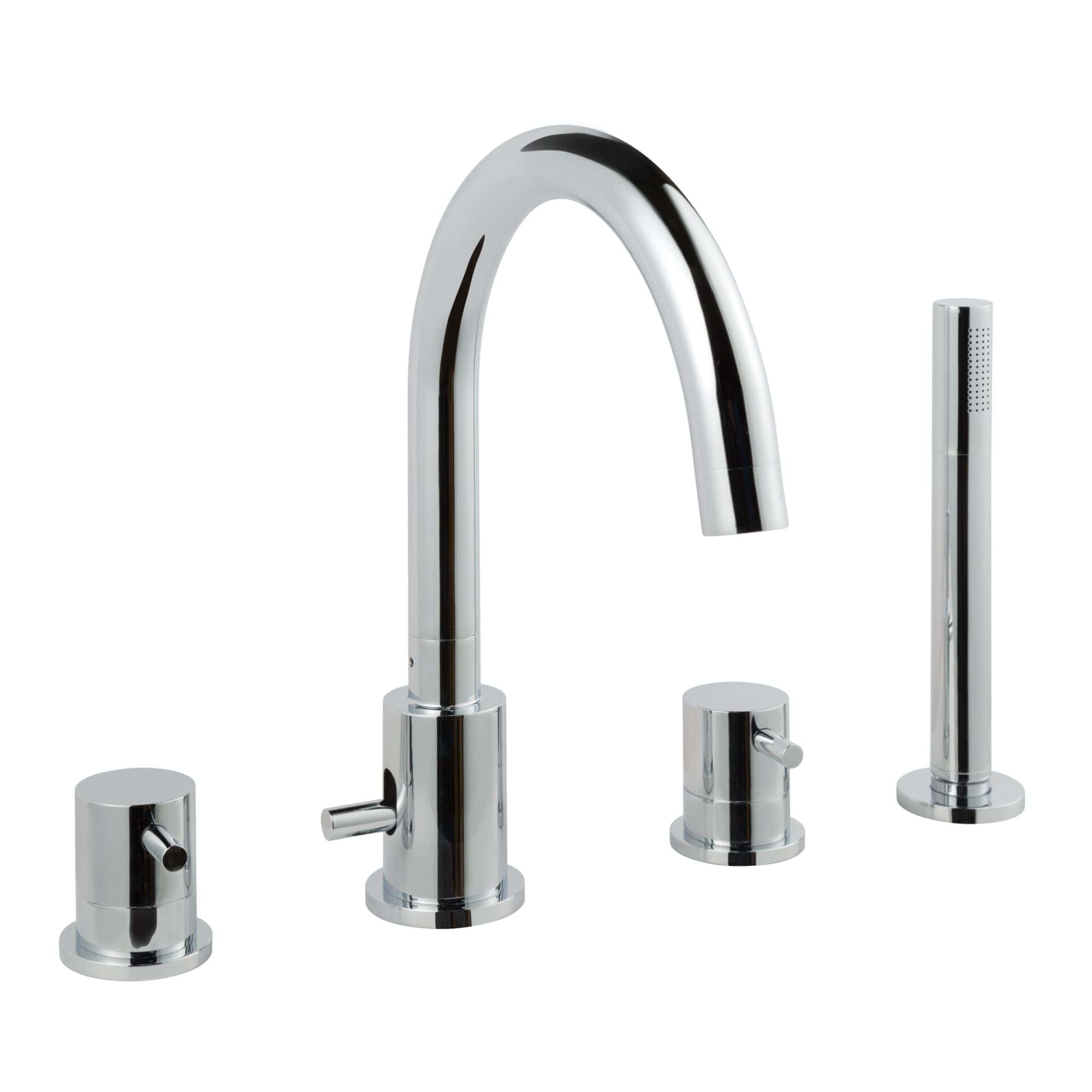 Sleek chrome bathroom tap set with modern design, including a high-arc spout and separate controls for hot and cold water, perfect for contemporary Bubly Bathrooms.