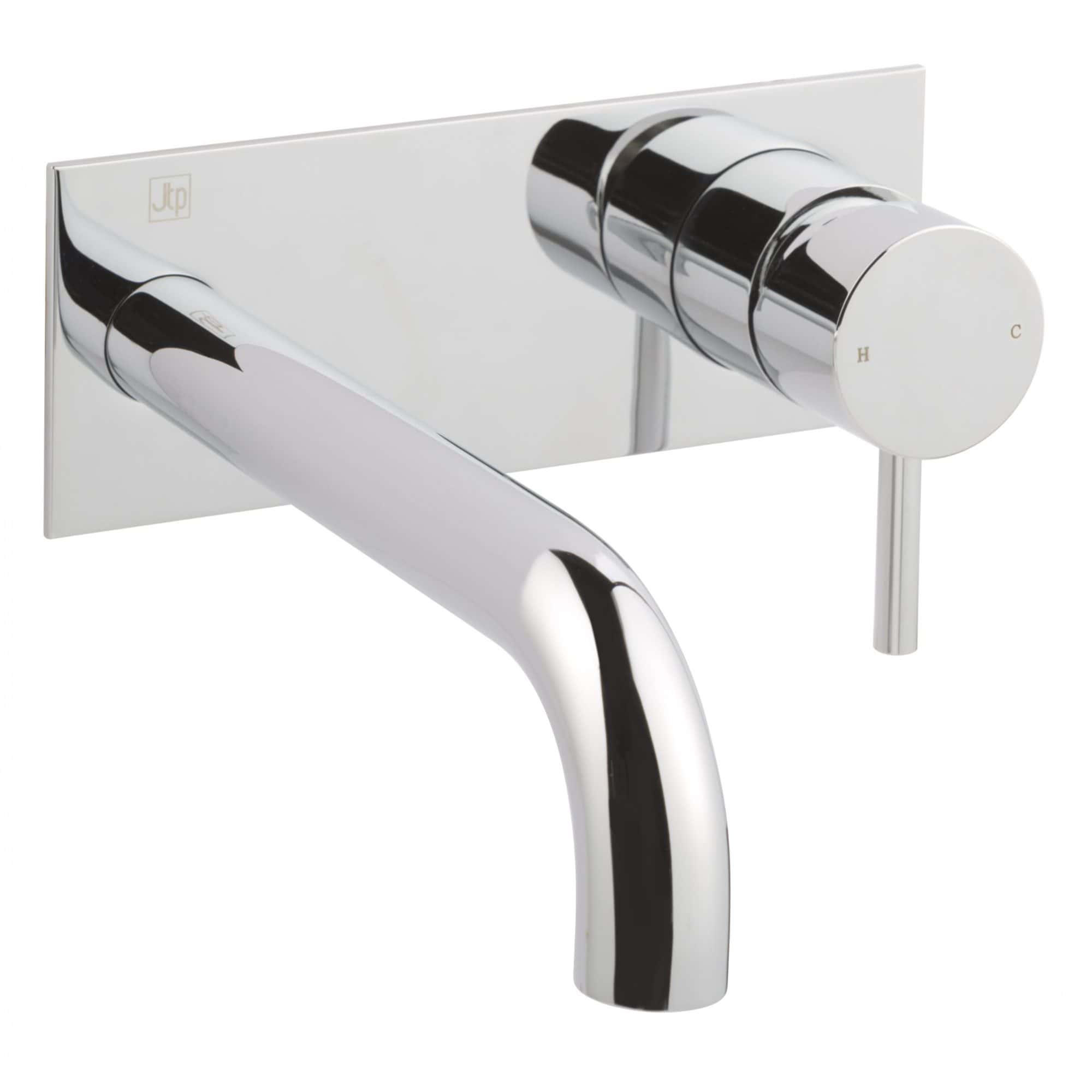 Elegant chrome wall-mounted kitchen tap with temperature control lever, designed for modern bathrooms and kitchens for a sleek, contemporary look.