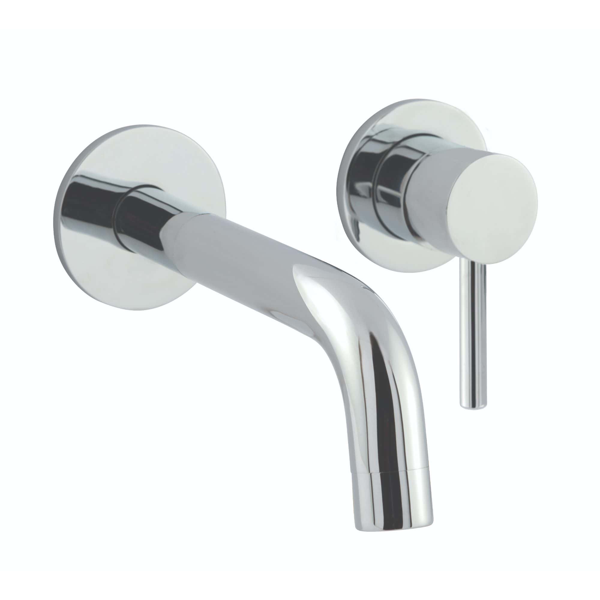 Sleek chrome wall-mounted kitchen sink tap with a modern lever handle, ideal for contemporary bathroom or kitchen renovations.