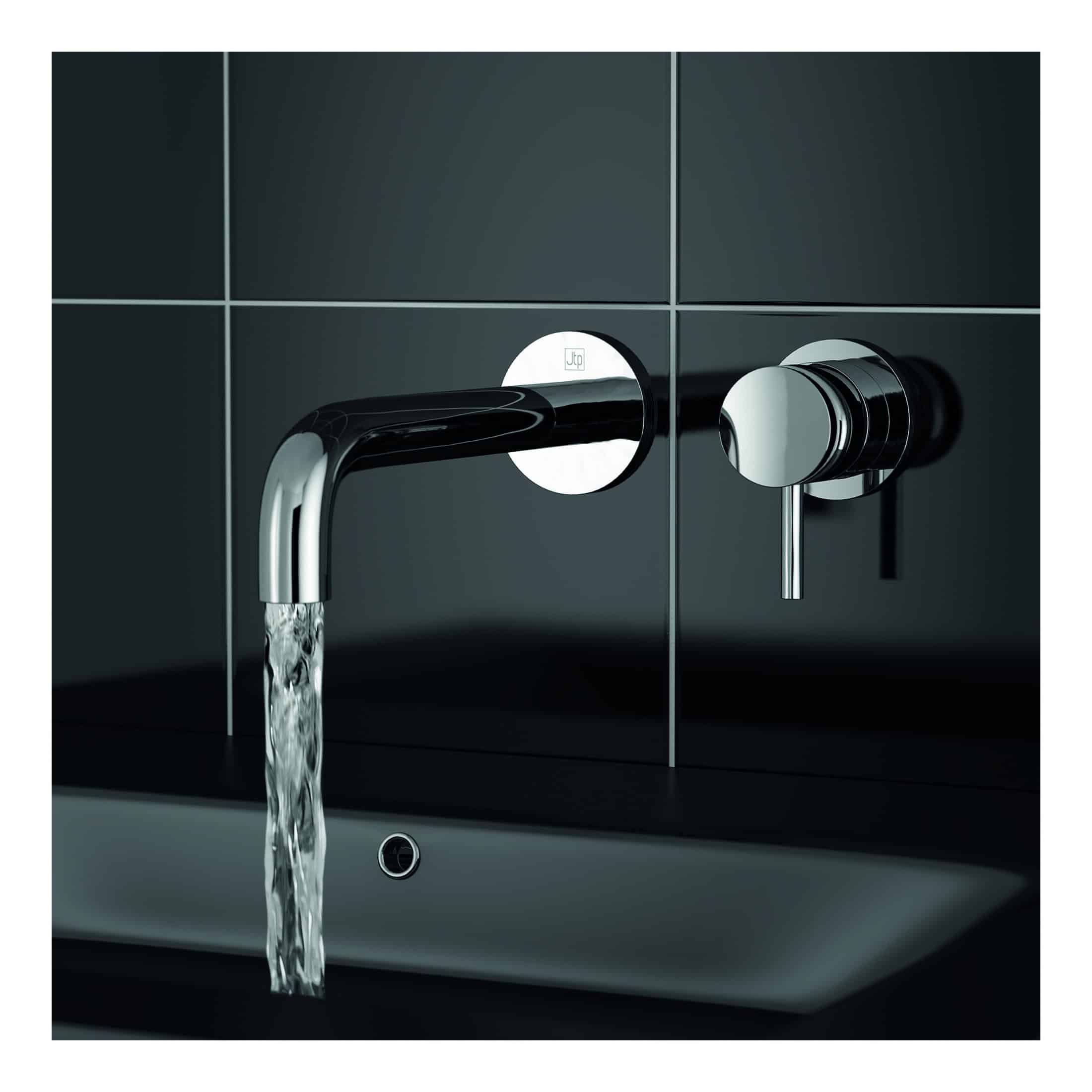 Shiny black bathroom tap with water flowing into a sleek sink against dark tiled wall, modern bathroom fixtures, contemporary design, high-quality chrome finish.