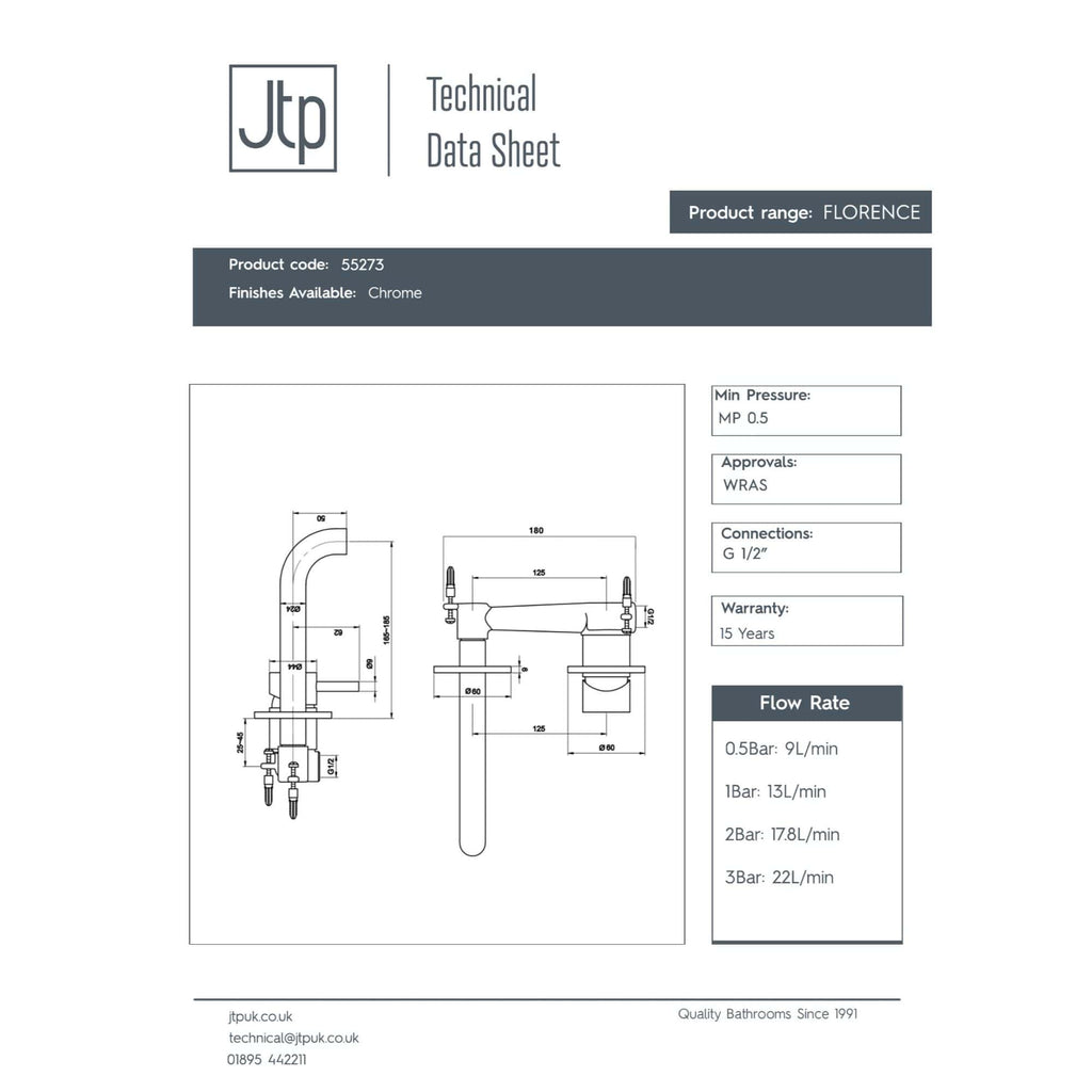 Sleek chrome bathroom faucet with detailed technical drawing and specifications for the Bubly Bathrooms Florence collection. Designed for modern, high-quality bathroom designs.