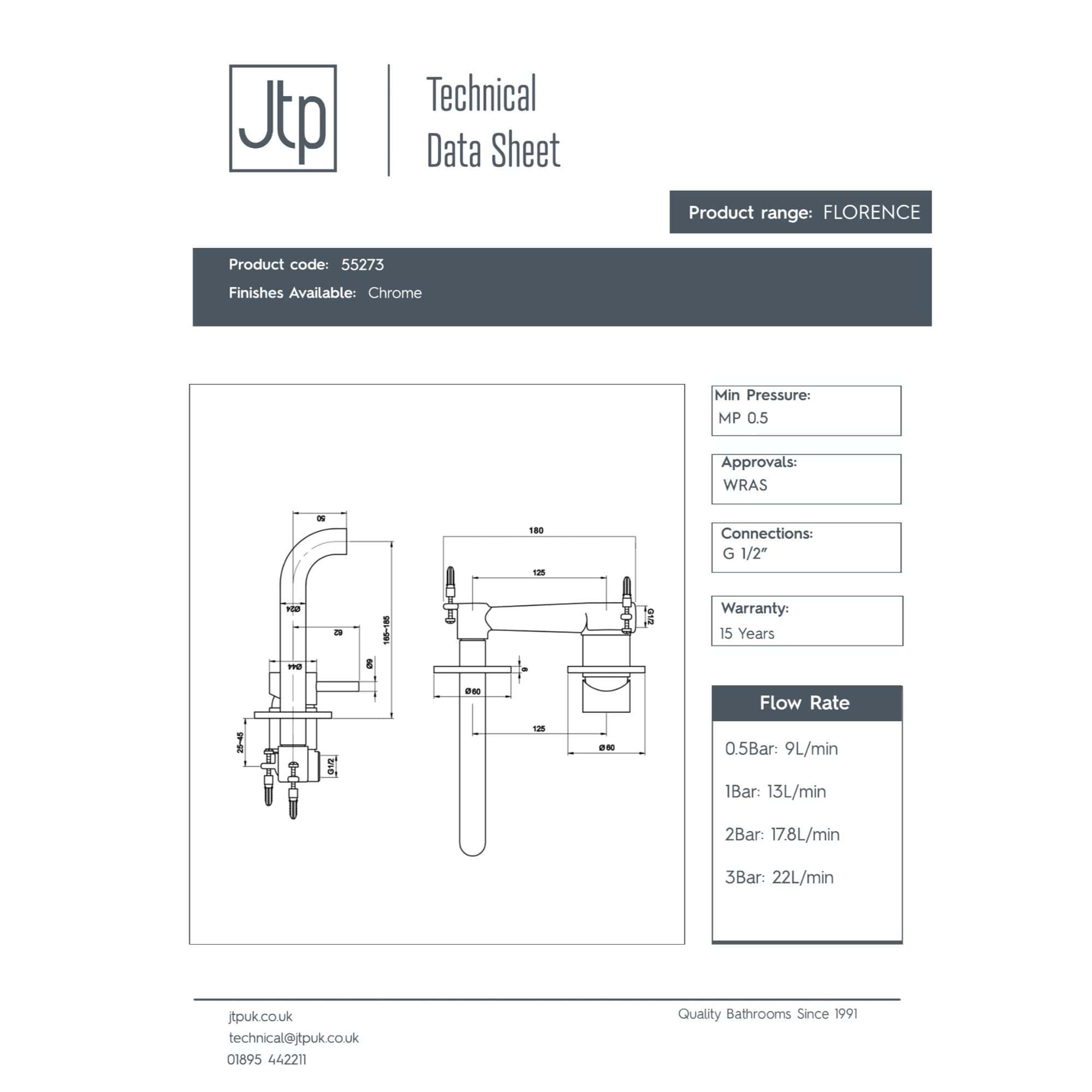 Sleek chrome bathroom faucet with detailed technical drawing and specifications for the Bubly Bathrooms Florence collection. Designed for modern, high-quality bathroom designs.