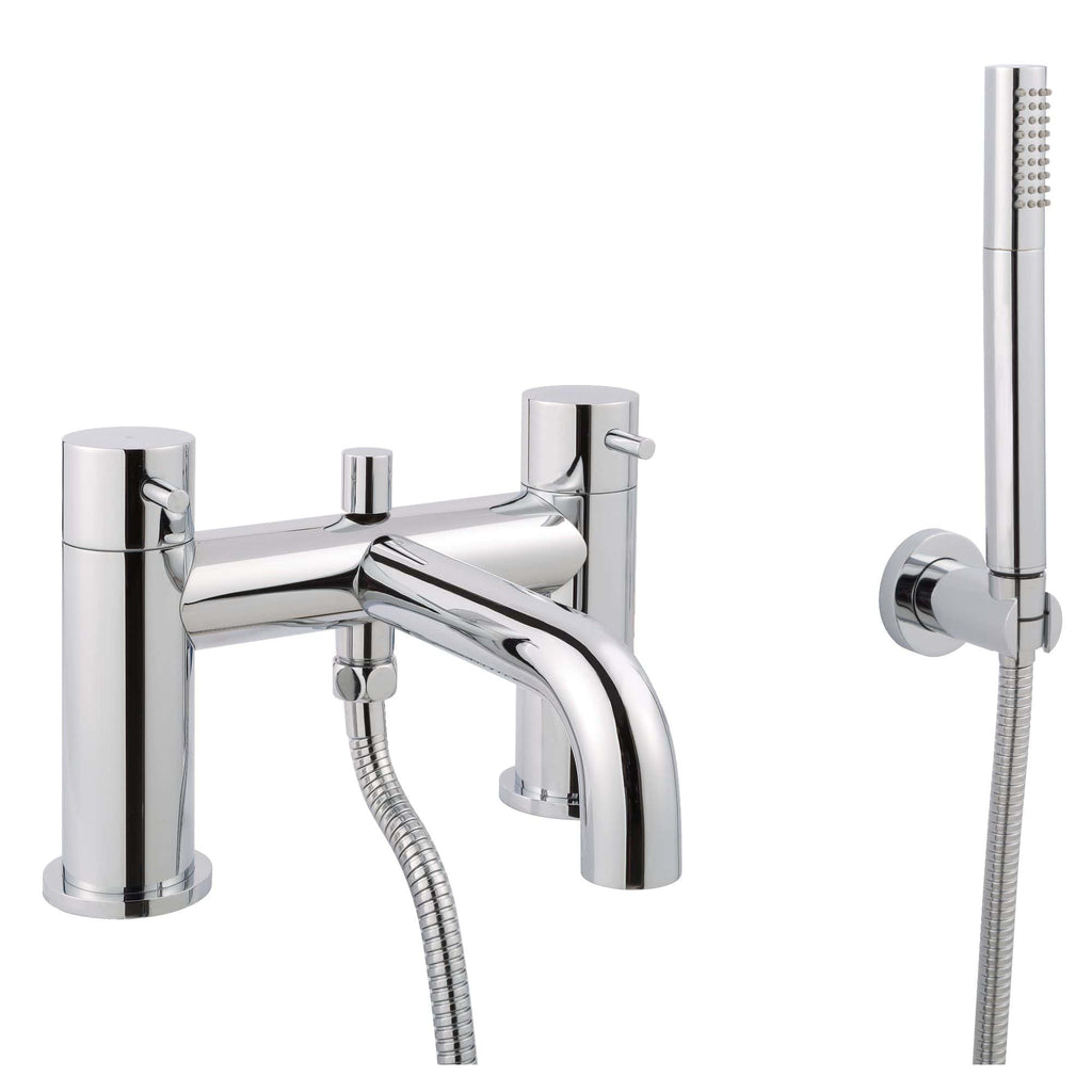 Polished chrome bathroom tap with handheld shower head and flexible hose, modern design, suitable for contemporary bathroom decor.