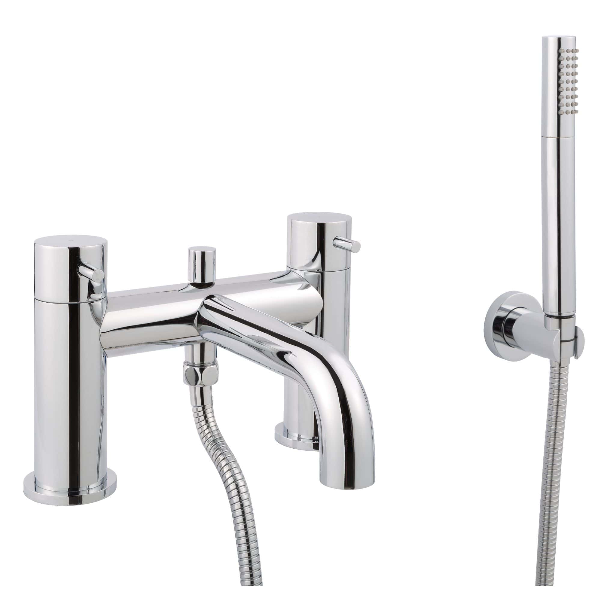 Polished chrome bathroom tap with handheld shower head and flexible hose, modern design, suitable for contemporary bathroom decor.