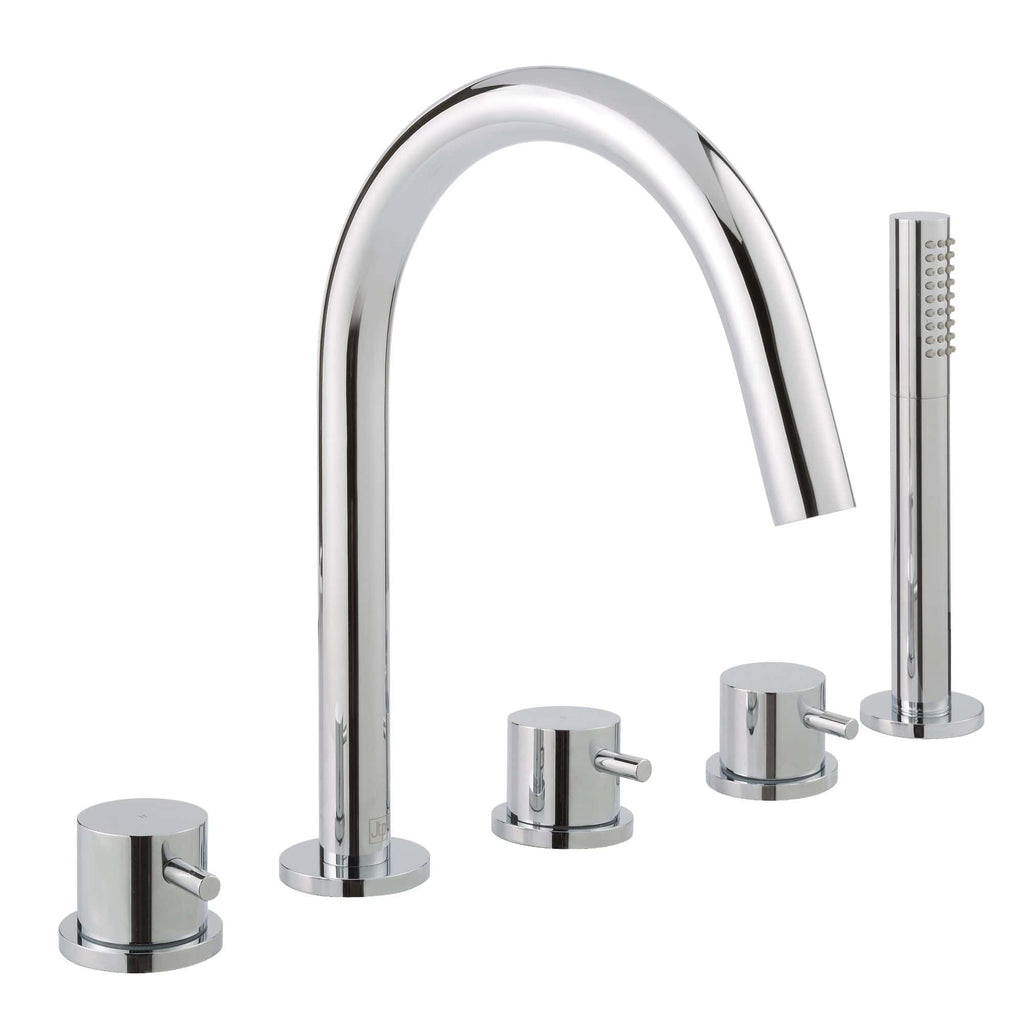 Sleek chrome bathroom tap with matching handheld shower head, ideal for modern bathroom designs and luxury fixtures. Durable, stylish, and easy to install.