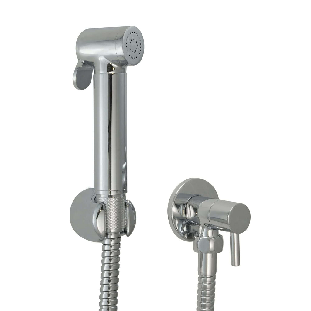 Polished chrome bidet shower set with handheld spray and wall mount, ideal for modern bathroom hygiene and water efficiency. Suitable for your bathroom upgrade or renovation.