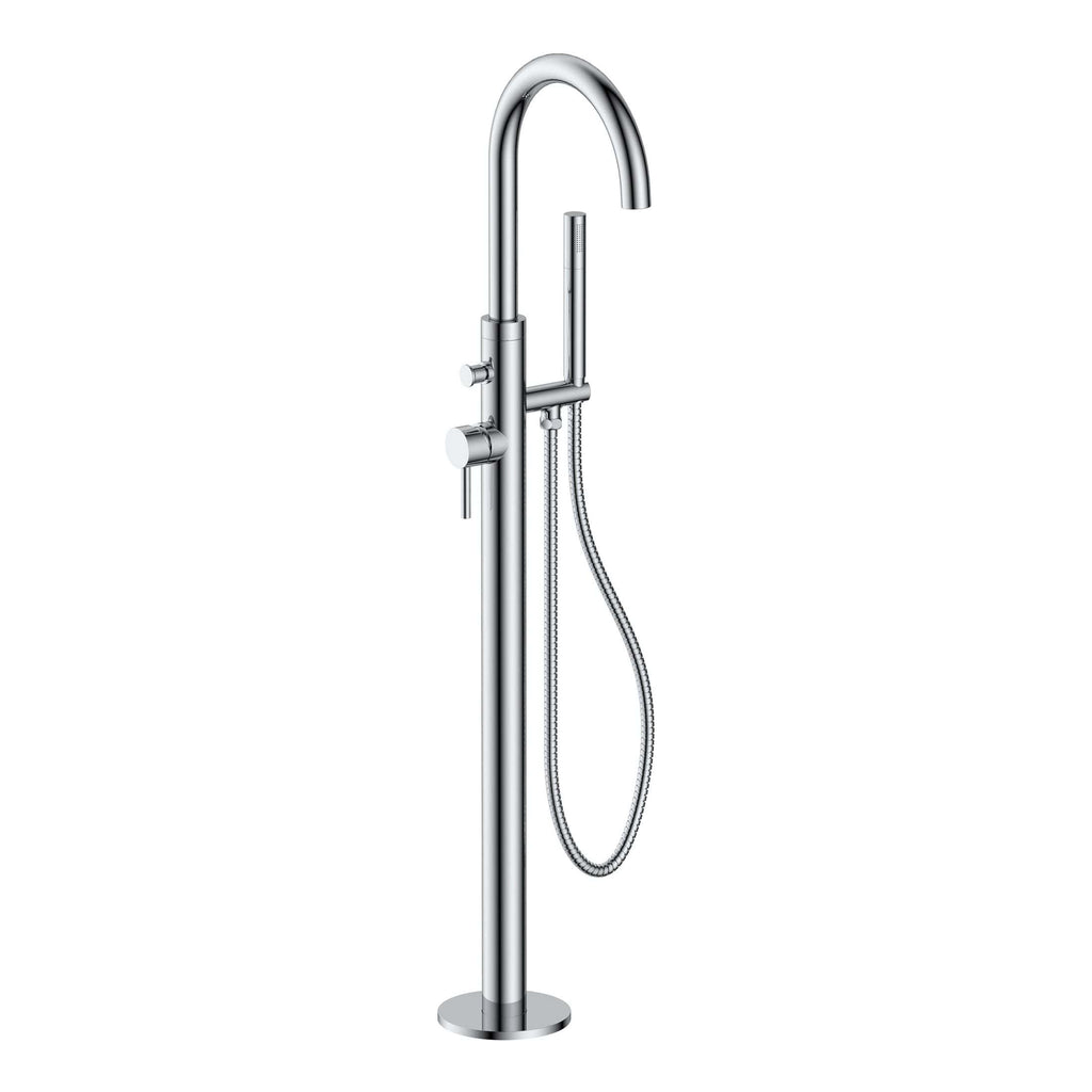 Polished chrome freestanding bathroom shower mixer with anti-scald features and flexible hose, ideal for modern bathroom renovation.