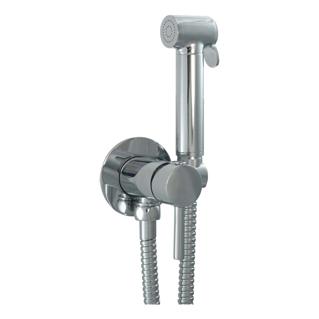 Sleek chrome handheld bidet spray for modern bathroom hygiene and easy cleaning, featuring adjustable spray and durable construction.
