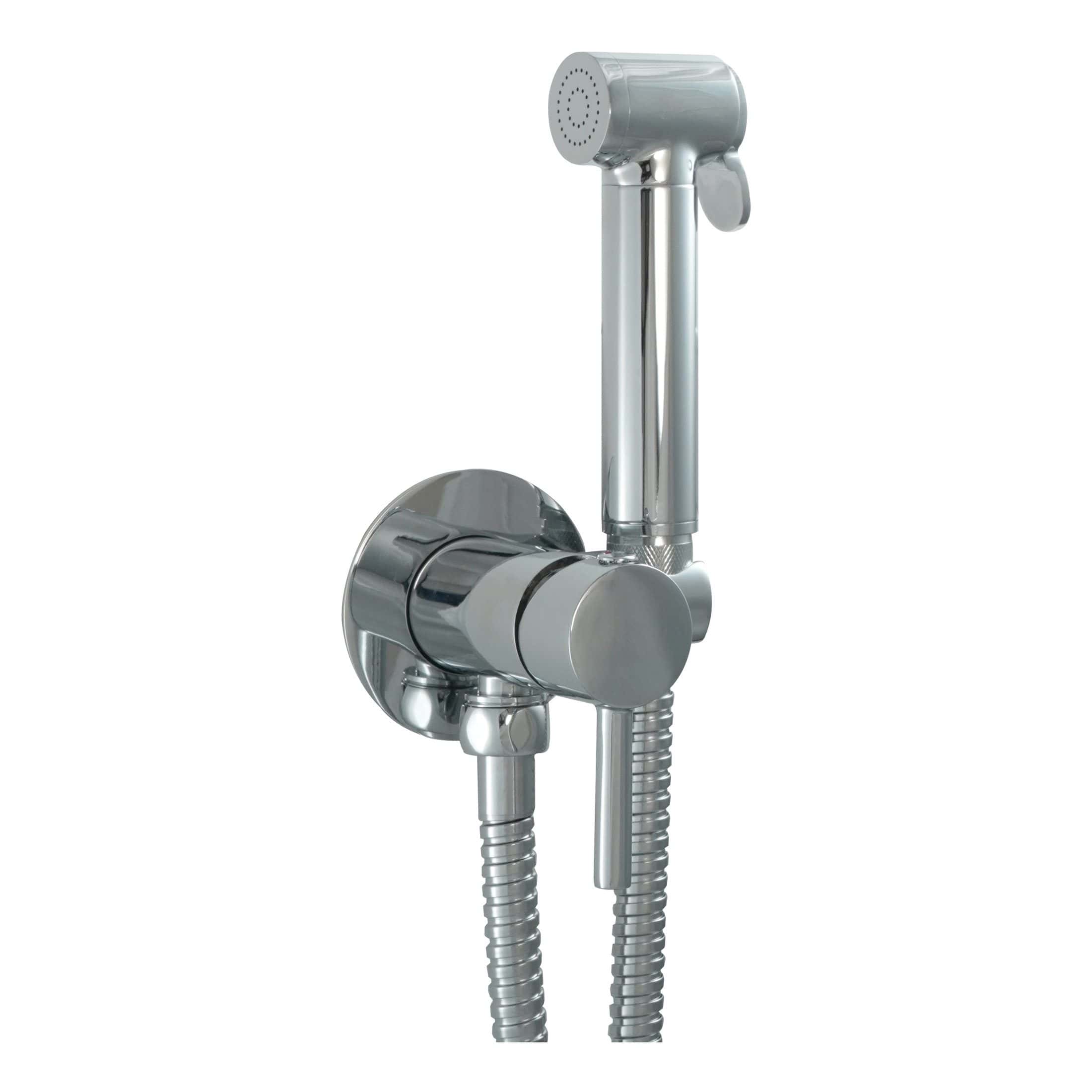 Sleek chrome handheld bidet spray for modern bathroom hygiene and easy cleaning, featuring adjustable spray and durable construction.