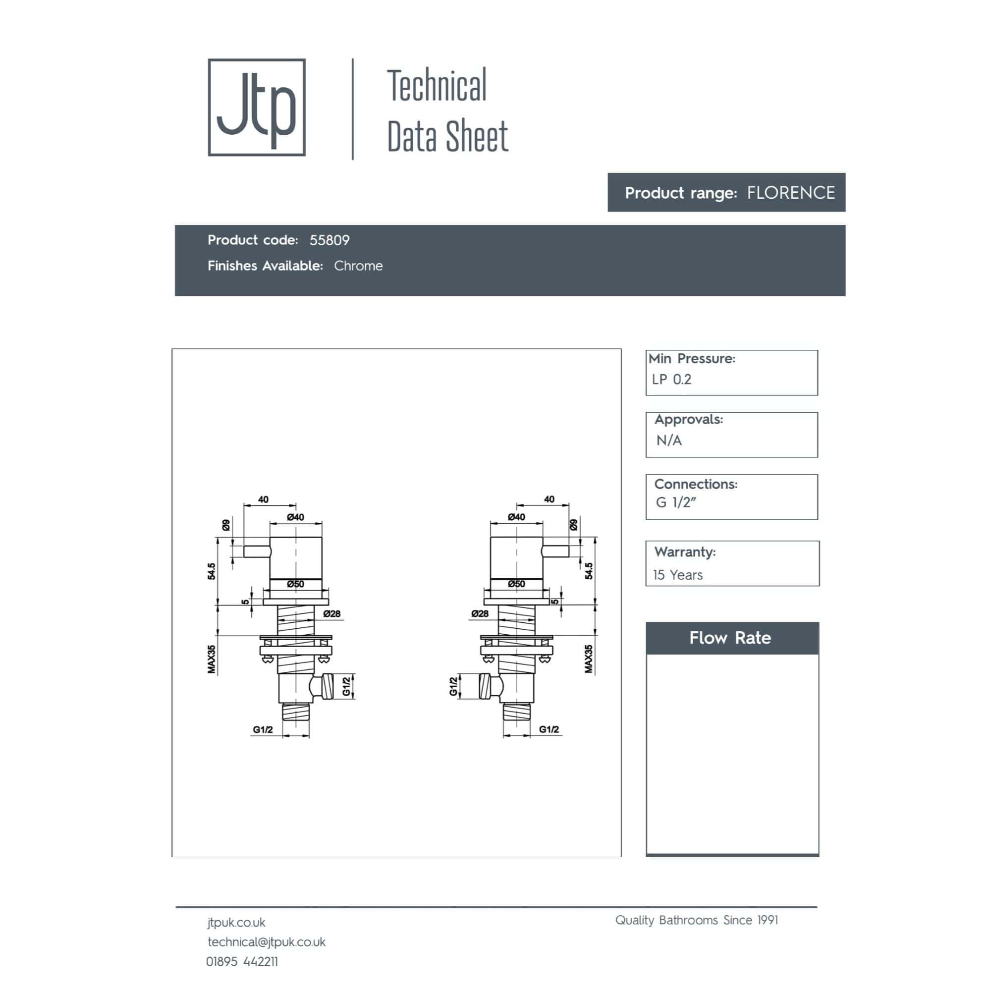 Detailed technical drawing of Bubly Bathrooms Florence tap with chrome finish, showing dimensions and connection details. Ideal for bathroom renovation and plumbing applications.