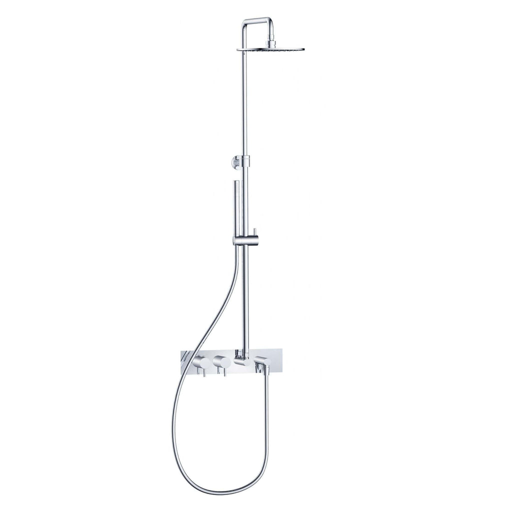 Rain shower bathroom fixture with handheld and fixed showerhead, chrome finish, wall-mount, modern design, perfect for luxury bathrooms and detailed bathroom renovations.