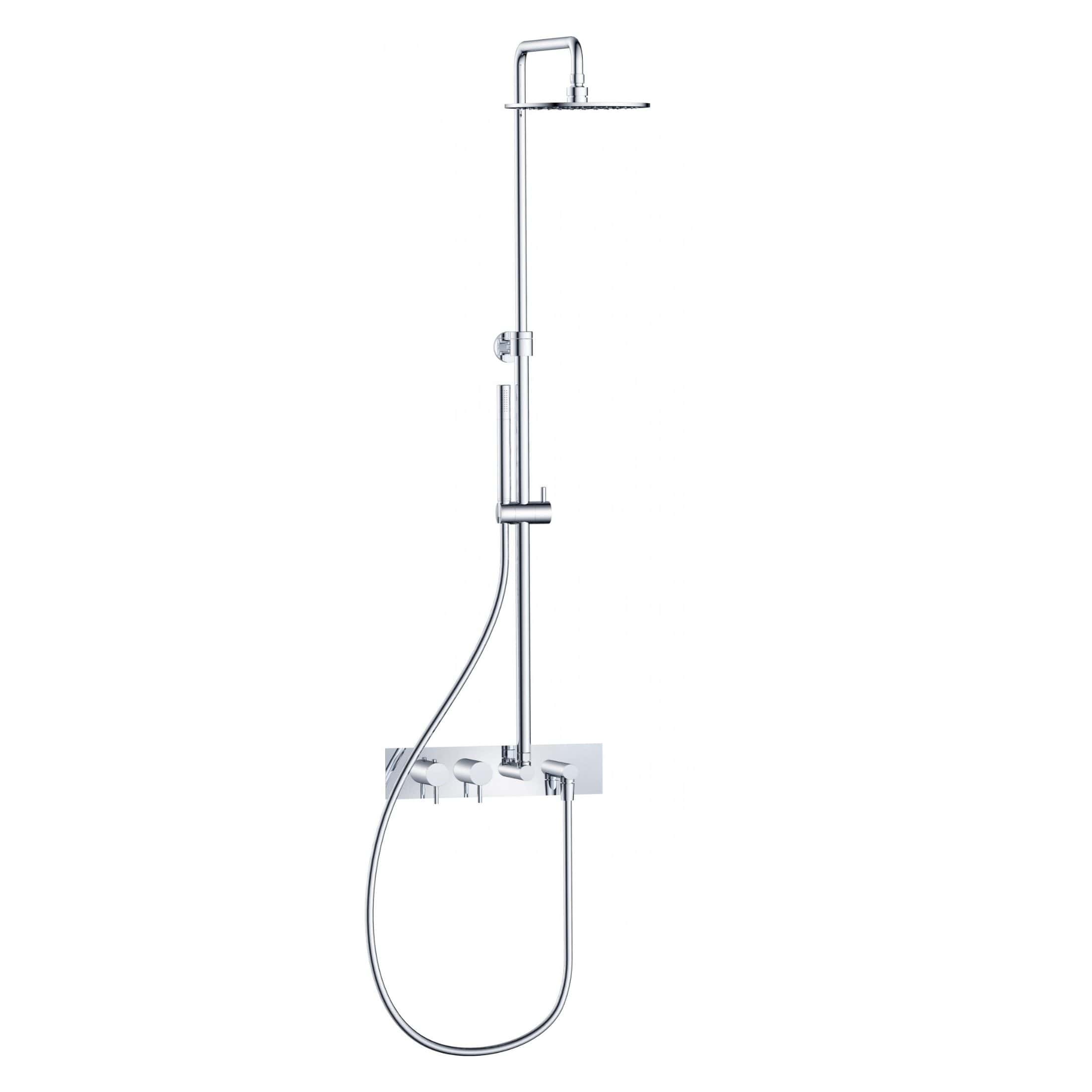 Rain shower bathroom fixture with handheld and fixed showerhead, chrome finish, wall-mount, modern design, perfect for luxury bathrooms and detailed bathroom renovations.