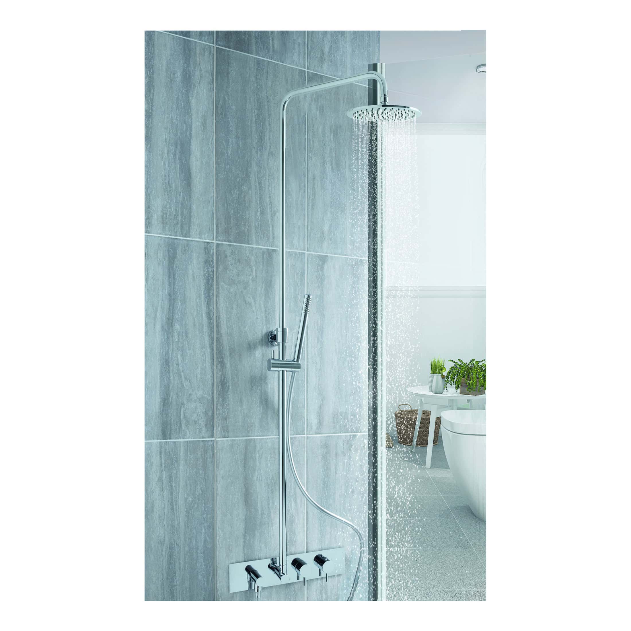 Sleek modern shower system with rainfall and handheld shower heads, mounted on grey tiled bathroom wall, designed for elegant and functional bathroom shower experience.