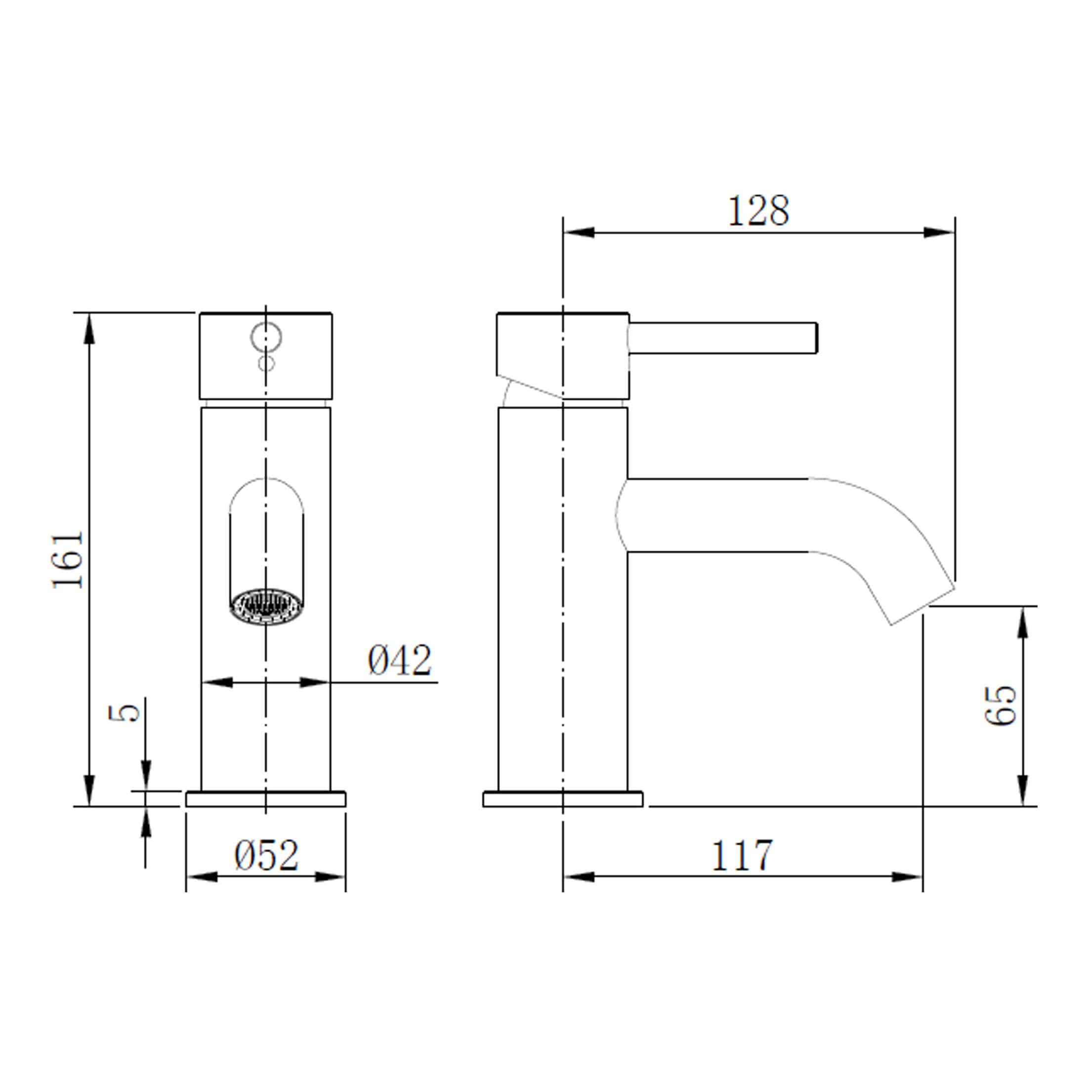 Modern black bathroom tap with technical dimensions, ideal for contemporary bathroom fixtures and fittings, featuring a sleek design and precise measurements for installation.