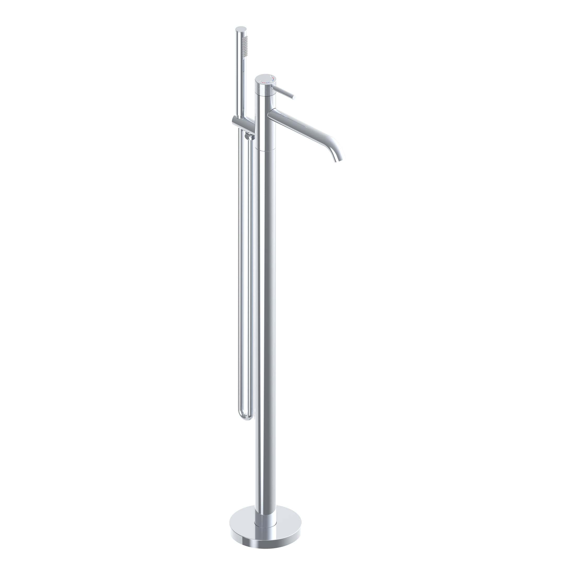 Chrome freestanding bathroom tap with hand shower and mixer for modern Bubly bathrooms in the UK.