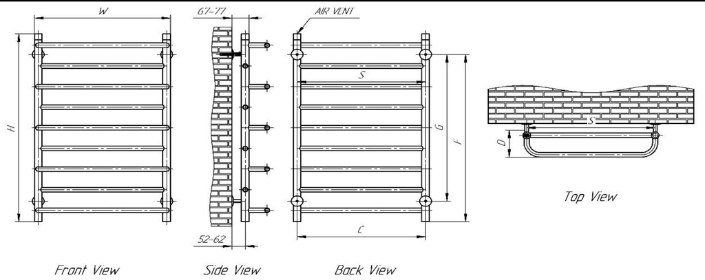 Reina Belbo Polished Stainless Steel Heated Towel Rail - technical drawing with dimensions
