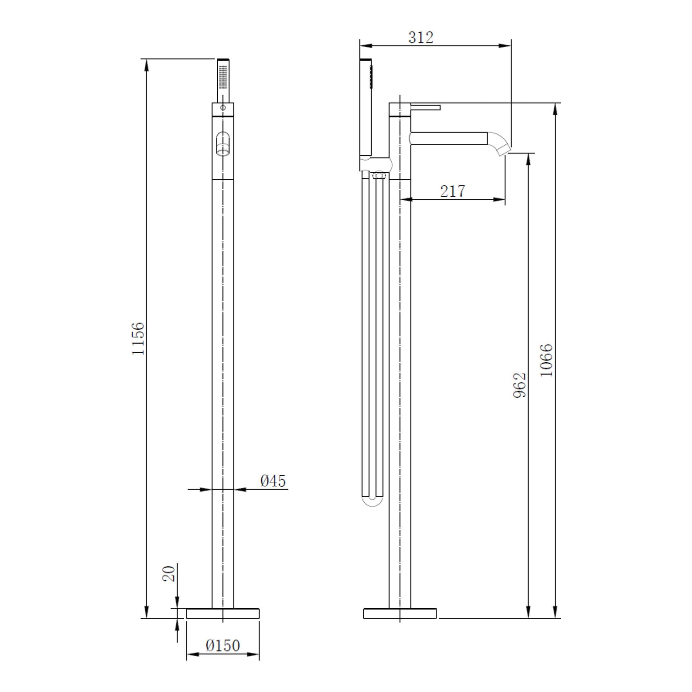 Sleek modern freestanding bathroom faucet with tall design, chrome finish, and integrated hand shower, perfect for contemporary bathroom upgrades, featuring precise dimensions for installation.