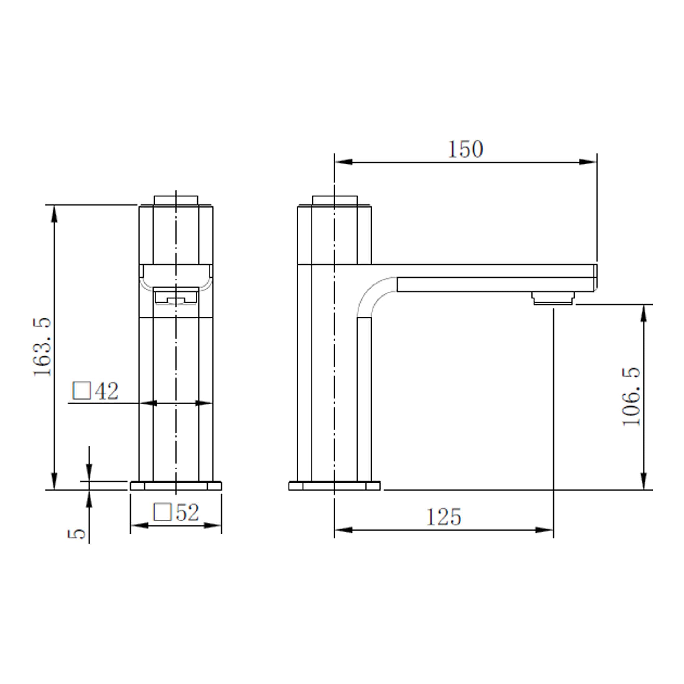 Modern bathroom faucet design with precise technical dimensions, featuring a sleek, contemporary style suitable for upgrades or new installations. Perfect for contemporary bathroom decor.