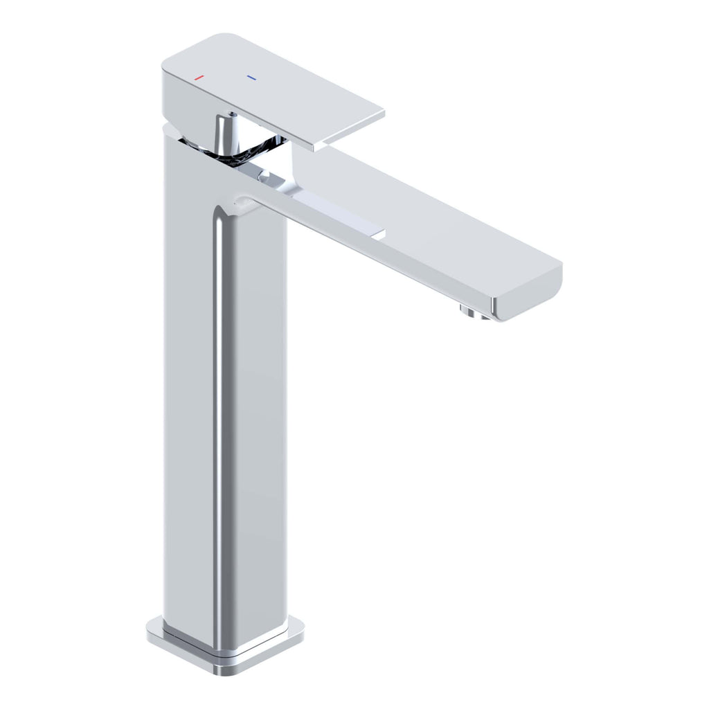 Sleek modern bathroom faucet with chrome finish, single handle, and integrated spout, perfect for contemporary bathroom designs.