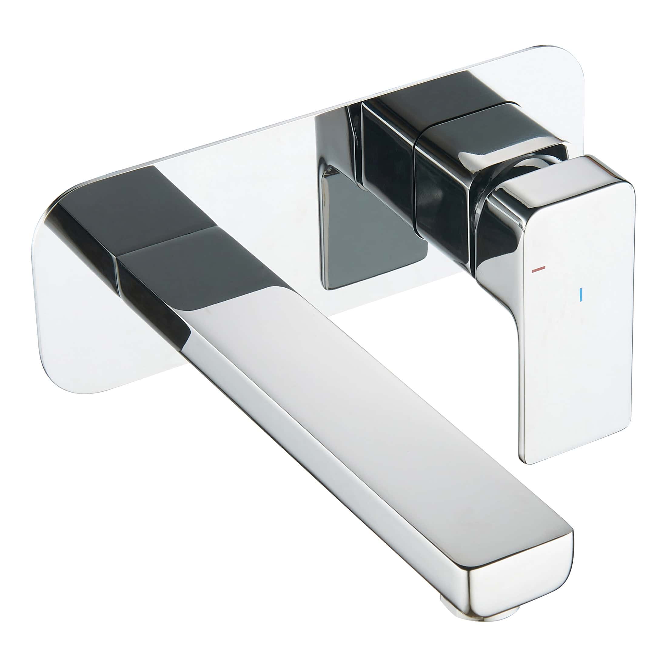 Sleek chrome bathroom tap with modern design, indicating temperature control with blue and red marks for hot and cold water.