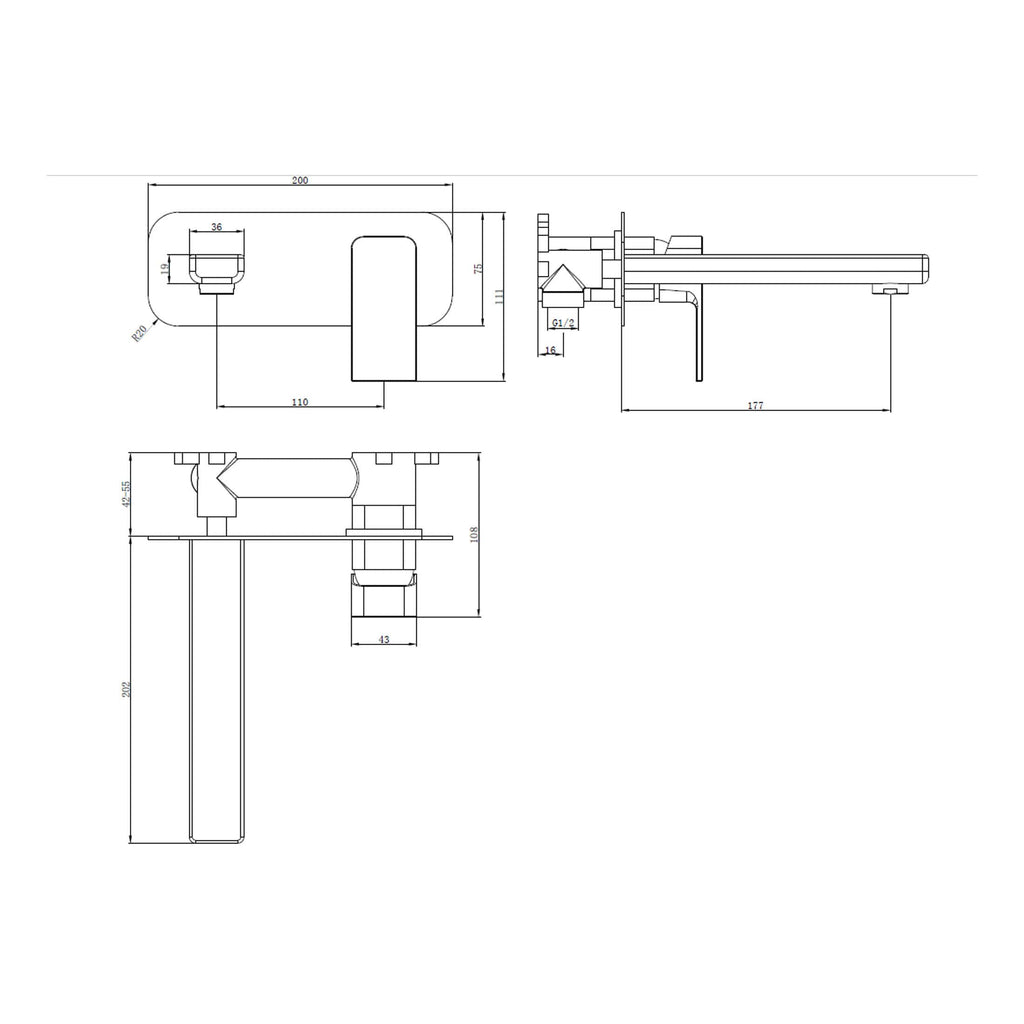 High-quality technical drawing of Bubly Bathrooms installation fixture, showcasing precise measurements and detailed schematics for bathroom plumbing installations.