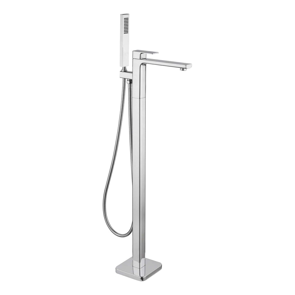Sleek chrome freestanding bathroom tap with handshower, ideal for modern bathtubs and baths, offering a contemporary look and easy water control for luxurious bathroom setups.