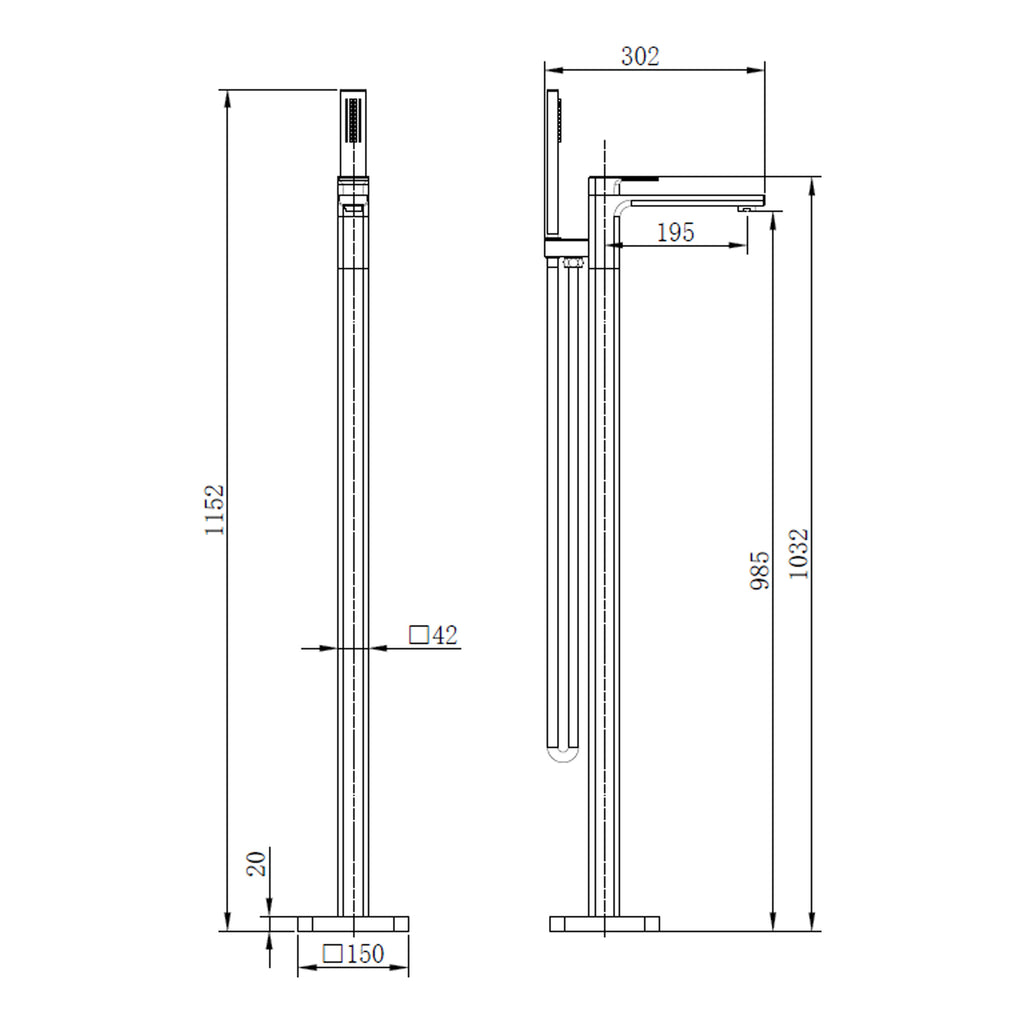 Bathroom shower installation technical drawing with dimensions and measurements.