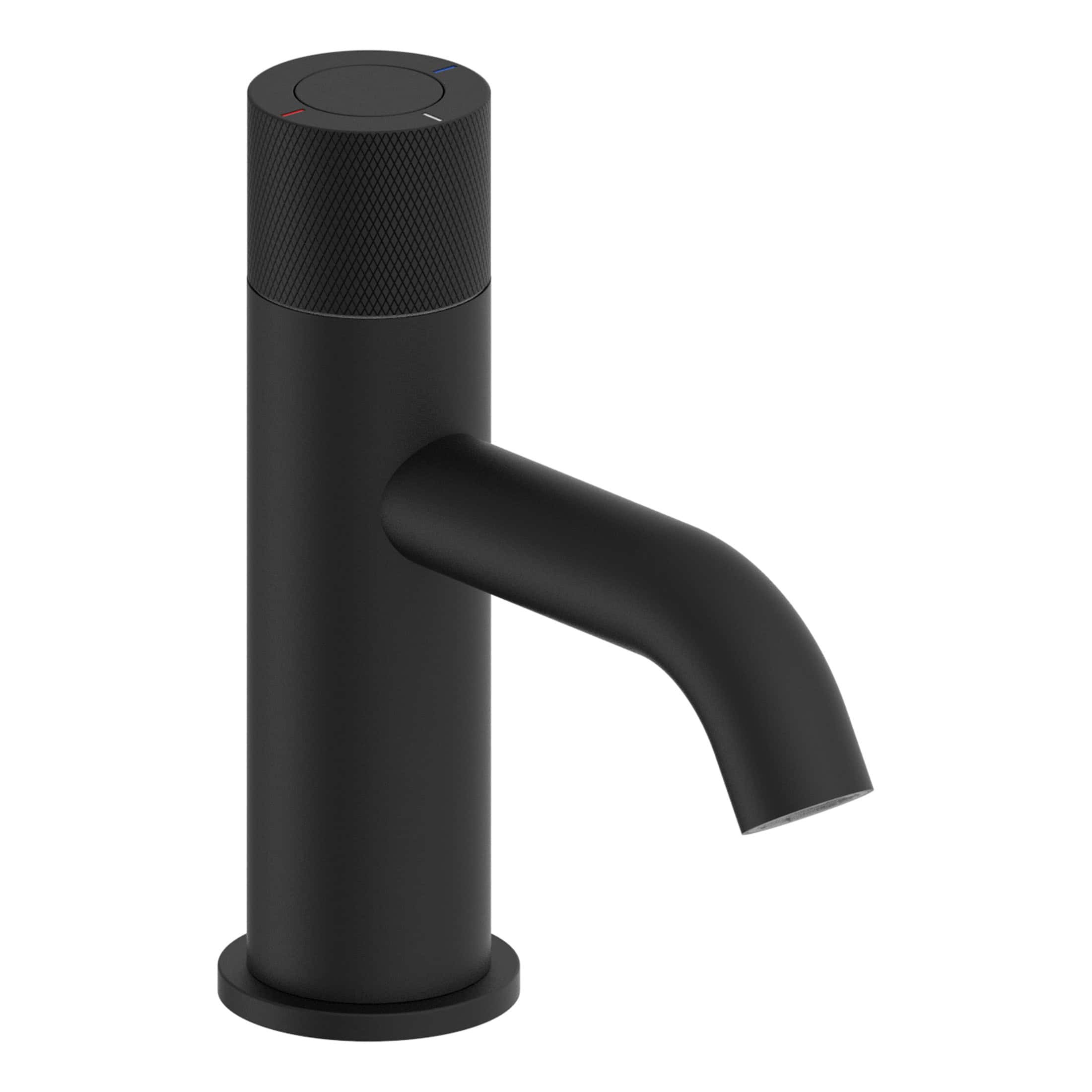 Single black matte bathroom sink faucet with modern design and touchless operation from Bubly Bathrooms.