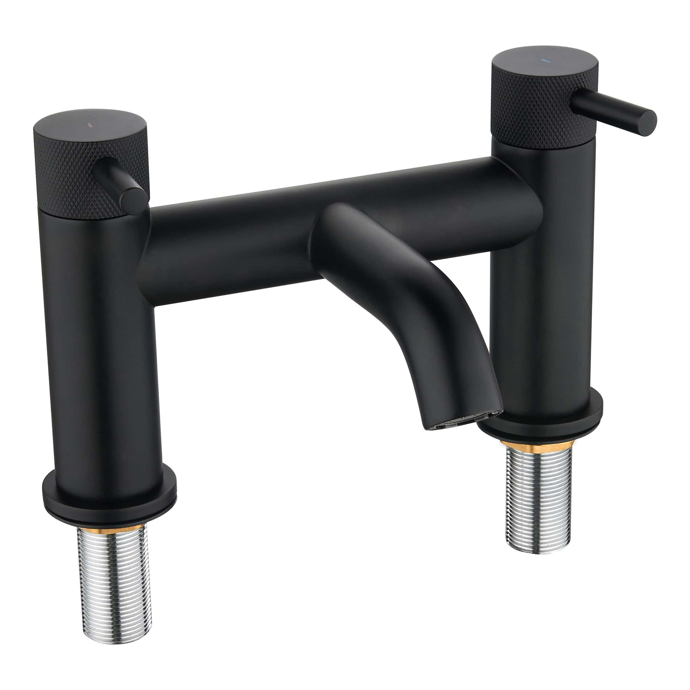 Black modern bathroom tap with dual handles and flexible hose connection for stylish and functional bathroom fixtures.