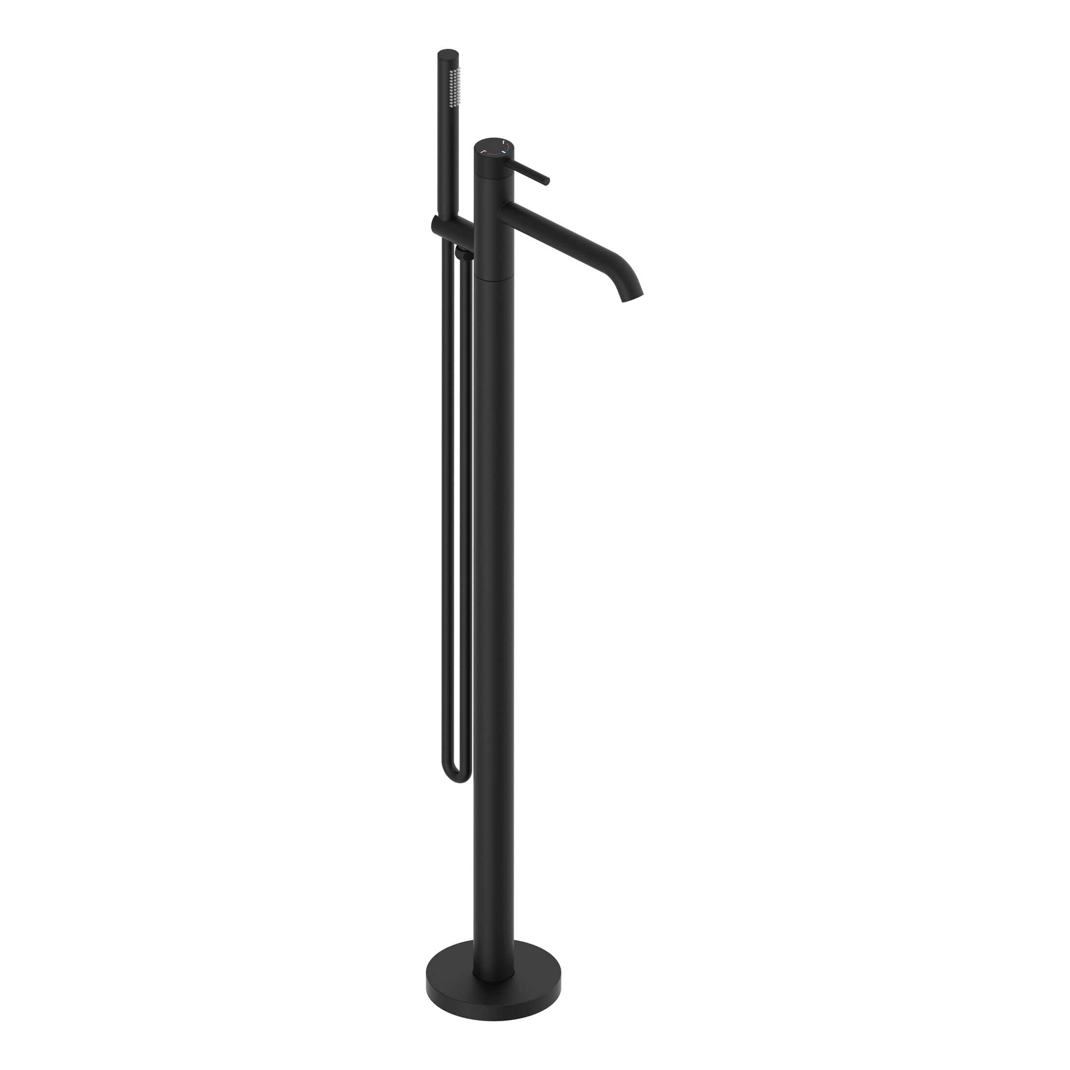 Modern black freestanding bathroom tap with handheld shower, sleek design, ideal for contemporary bathrooms, high-quality fixtures, and durable materials.