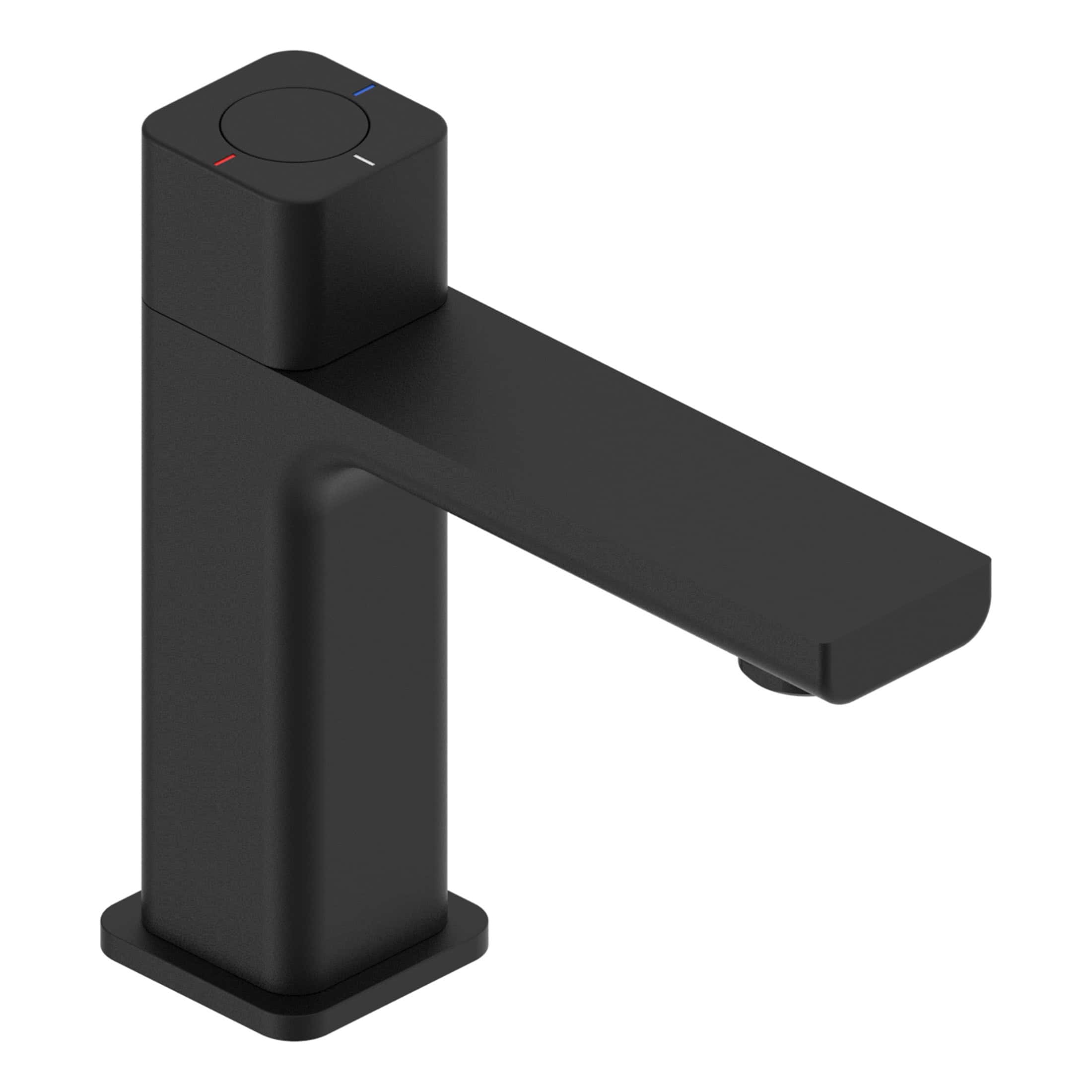 Sleek black kitchen tap with modern minimalist design, featuring a square base and a single lever handle for precise temperature and flow control. Ideal for contemporary bathrooms and kitchens.