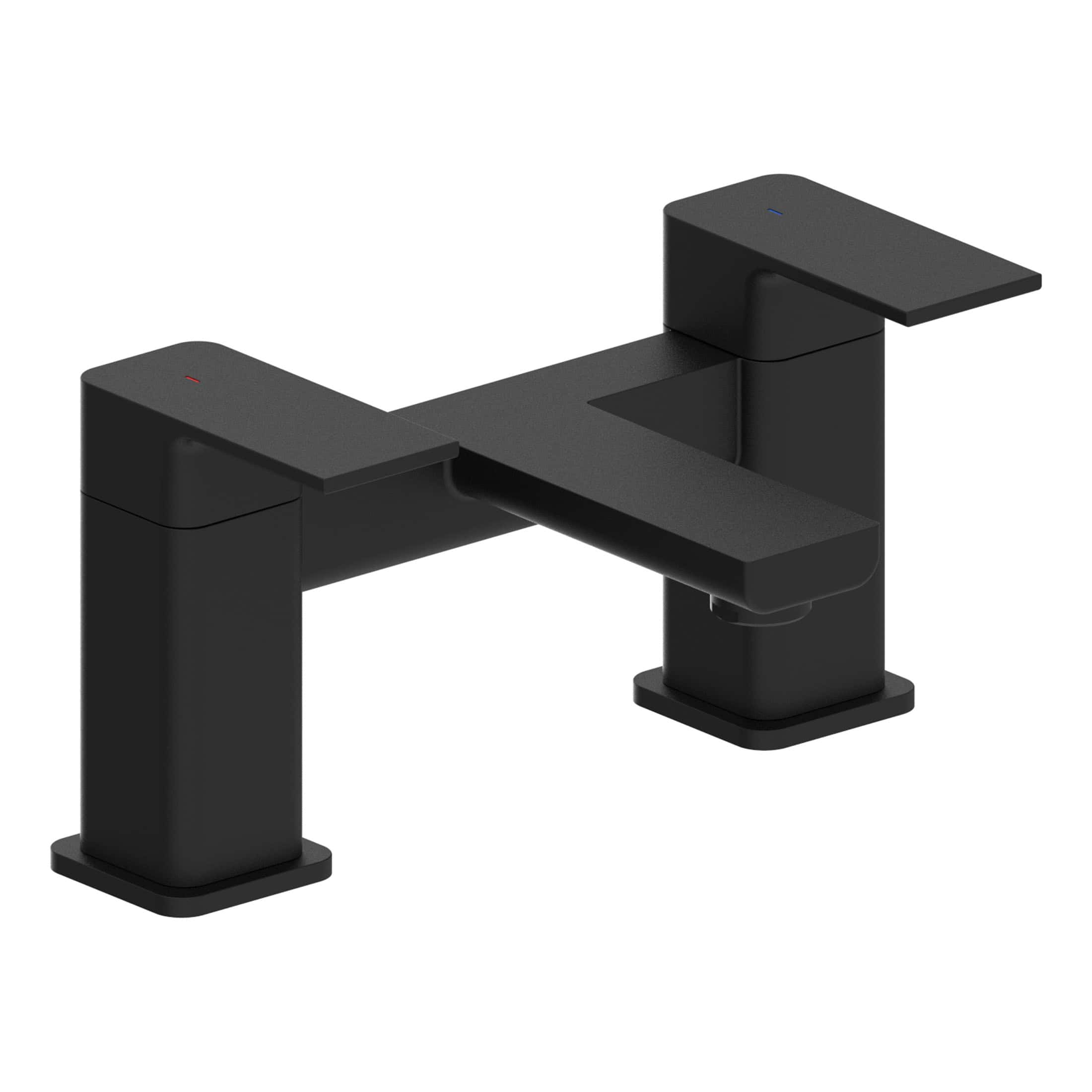 Minimalist black bathroom sink faucet with modern design, featuring two flat handles and a sleek spout, perfect for contemporary bathroom upgrades.