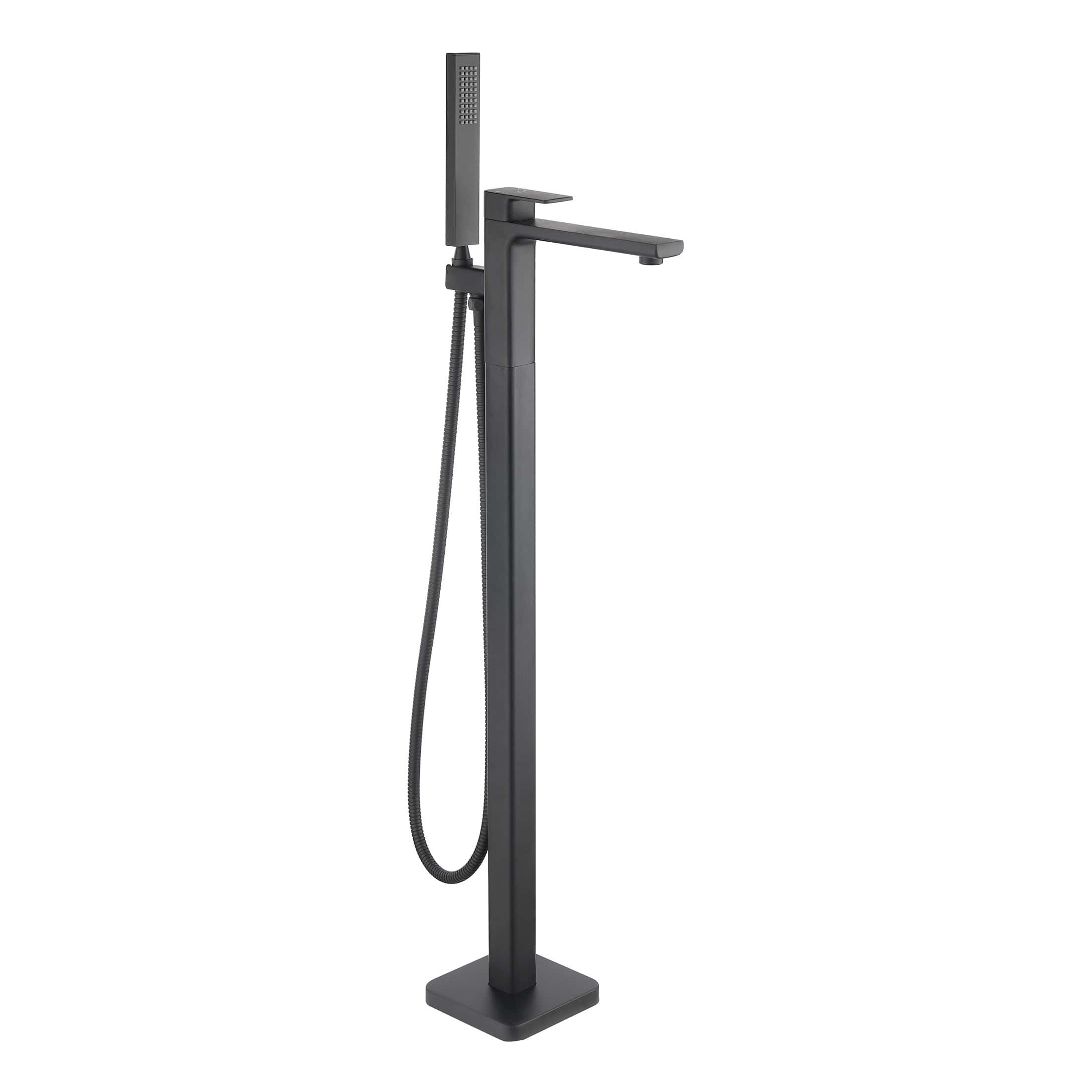 Modern black freestanding bathroom faucet with matching hand shower for contemporary bathroom fixtures.