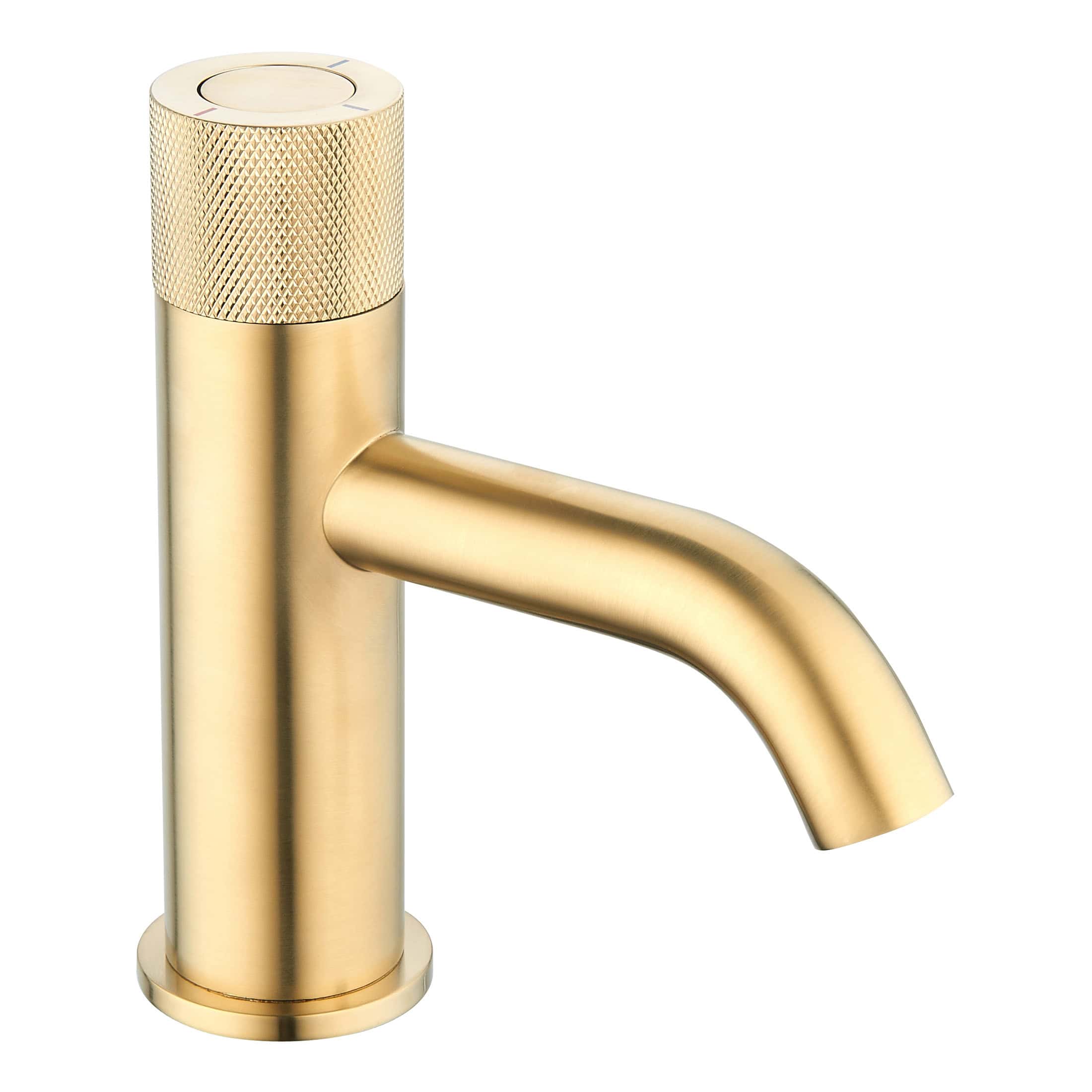 Luxurious gold bathroom tap with modern sleek design, perfect for contemporary bathroom upgrades. Featuring a textured knurled top and smooth spout, ideal for stylish and functional bathroom fixtures.