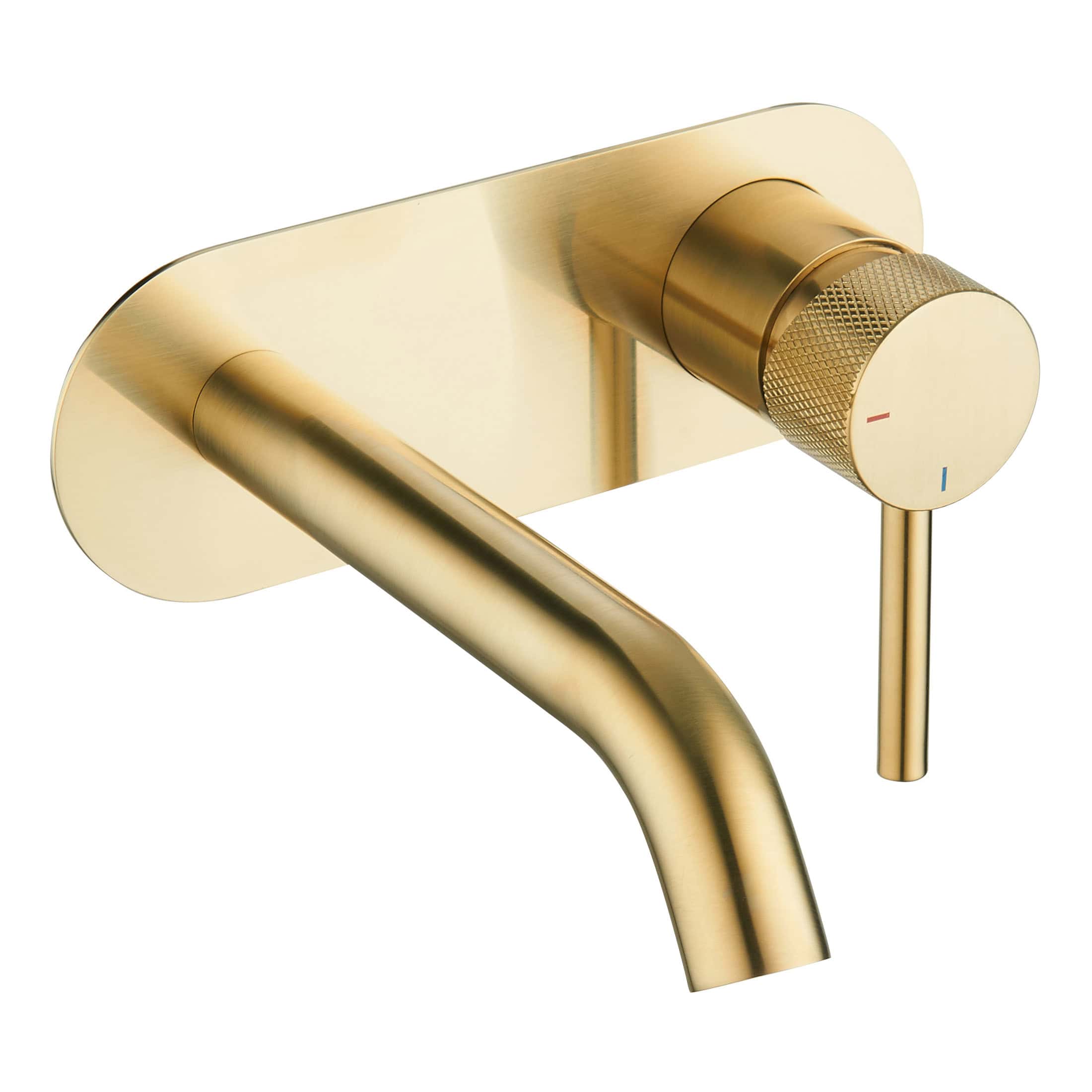 Polished gold wall-mounted mixer tap with temperature control for modern bathrooms and kitchens. Durable brass construction with sleek design and easy-to-use dial. Perfect for stylish water fixtures.