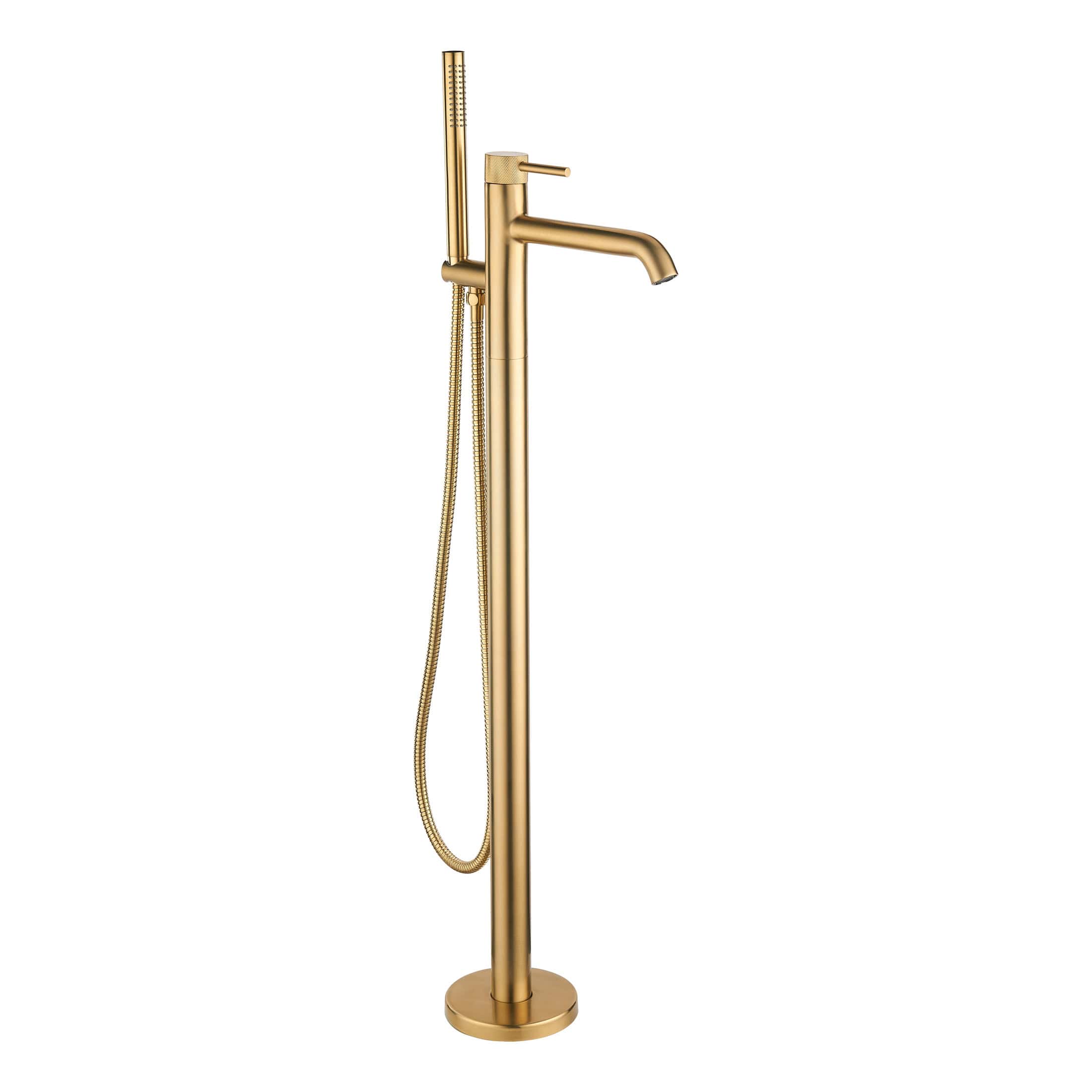 Polished gold freestanding bathroom tap with handheld shower attachment and hose, modern and luxurious design. Ideal for contemporary bathroom renovation and stylish wash area.