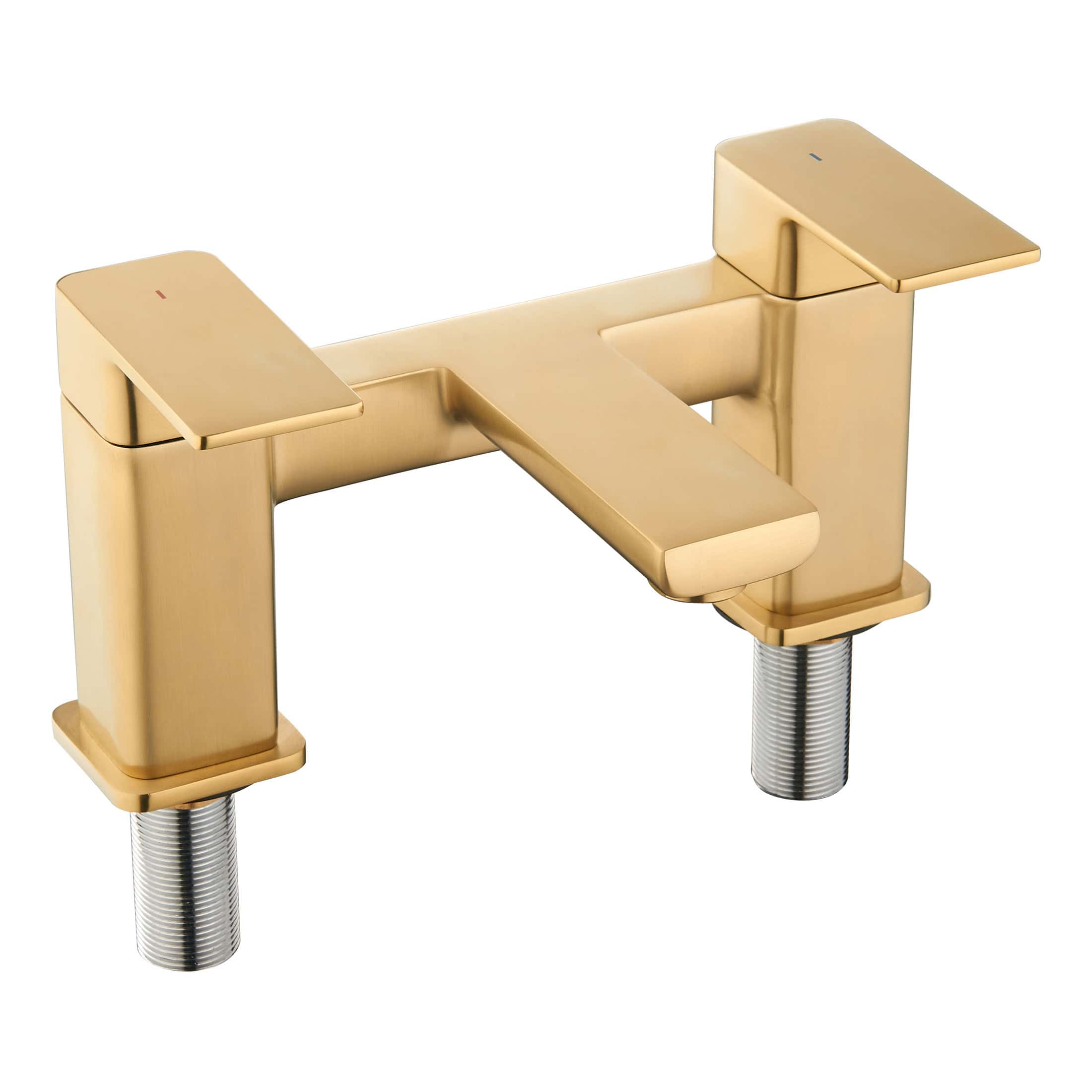 Luxurious gold bathroom mixer tap with a modern square design, ideal for contemporary baths and basins, featuring dual handles for temperature control.