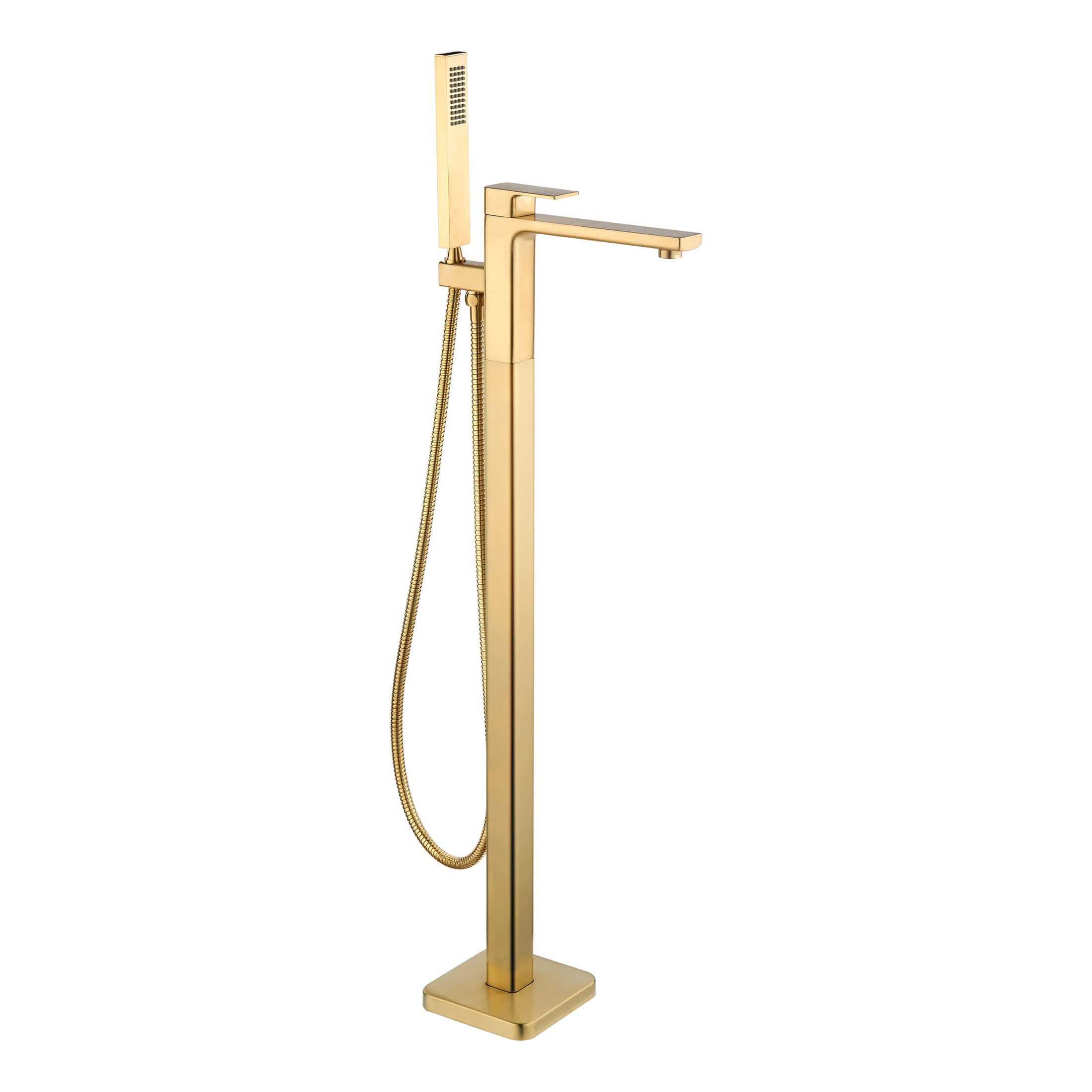 Polished gold freestanding bathroom mixer tap with a handheld showerhead, modern design, suitable for luxury bathroom renovations, easy to install and durable for daily use.