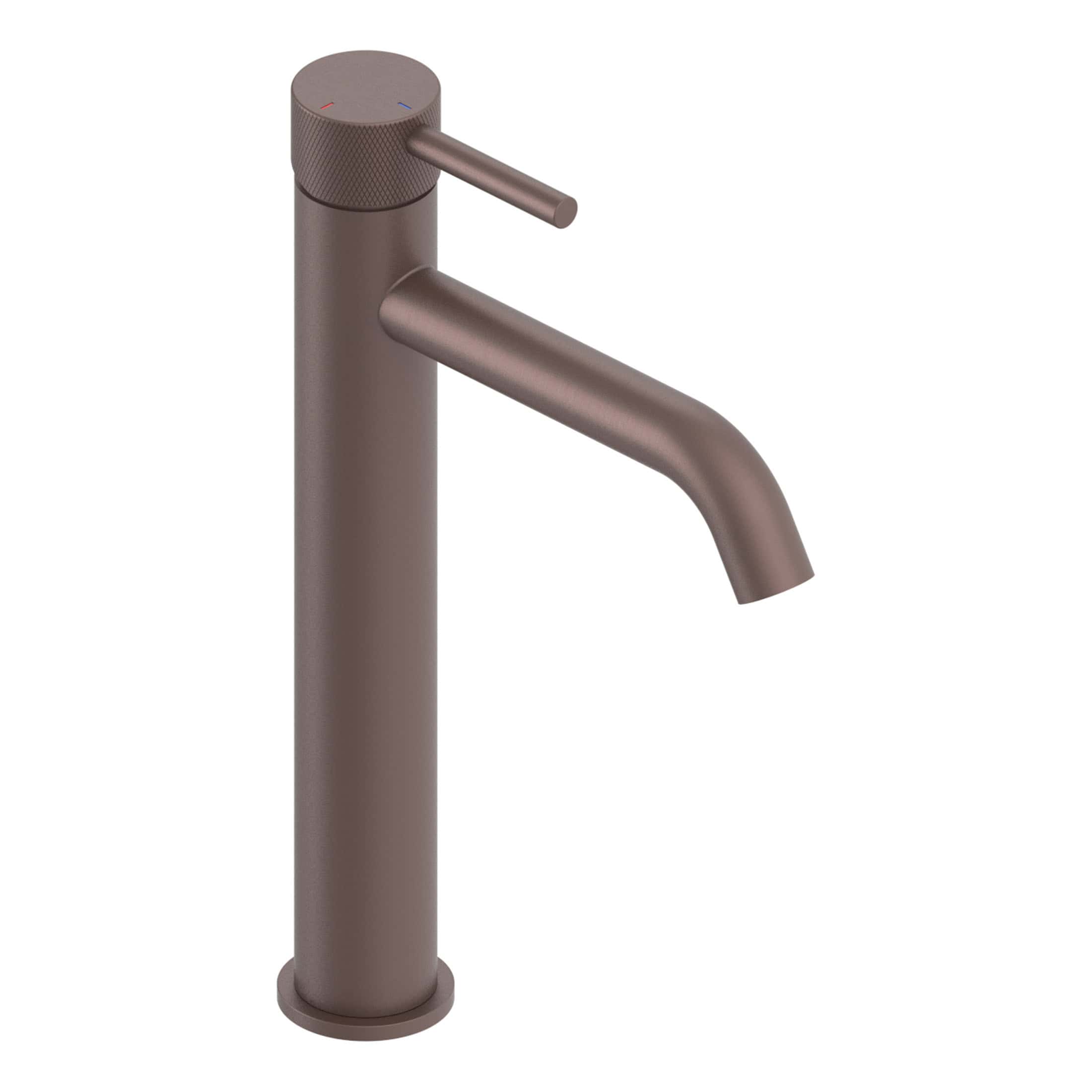 Brushed bronze bathroom tap with a modern minimalist design, ideal for contemporary bathrooms and basins, featuring a single lever handle and sleek finish.