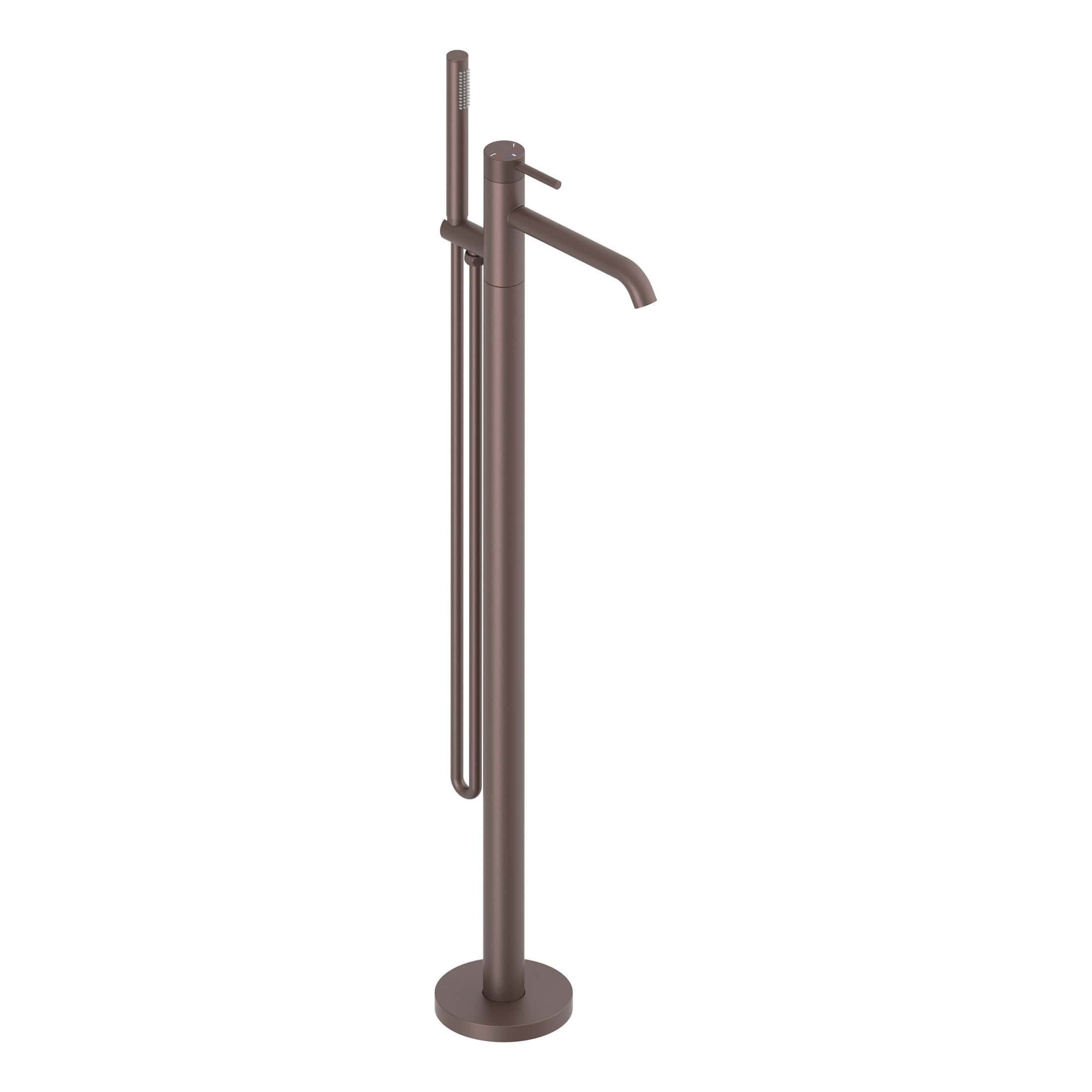 Brass freestanding bath tap with a sleek matte finish, integrated hand shower, and modern design perfect for luxury bathroom bathrooms and stylish fixtures.
