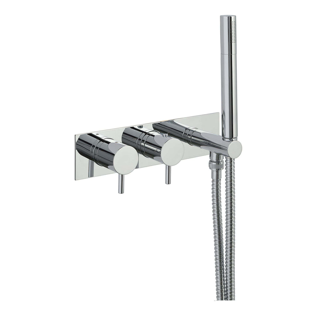 Sleek modern chrome bath shower mixer tap with a handheld shower head, ideal for contemporary bathrooms. Features three control knobs for temperature and water flow adjustment.