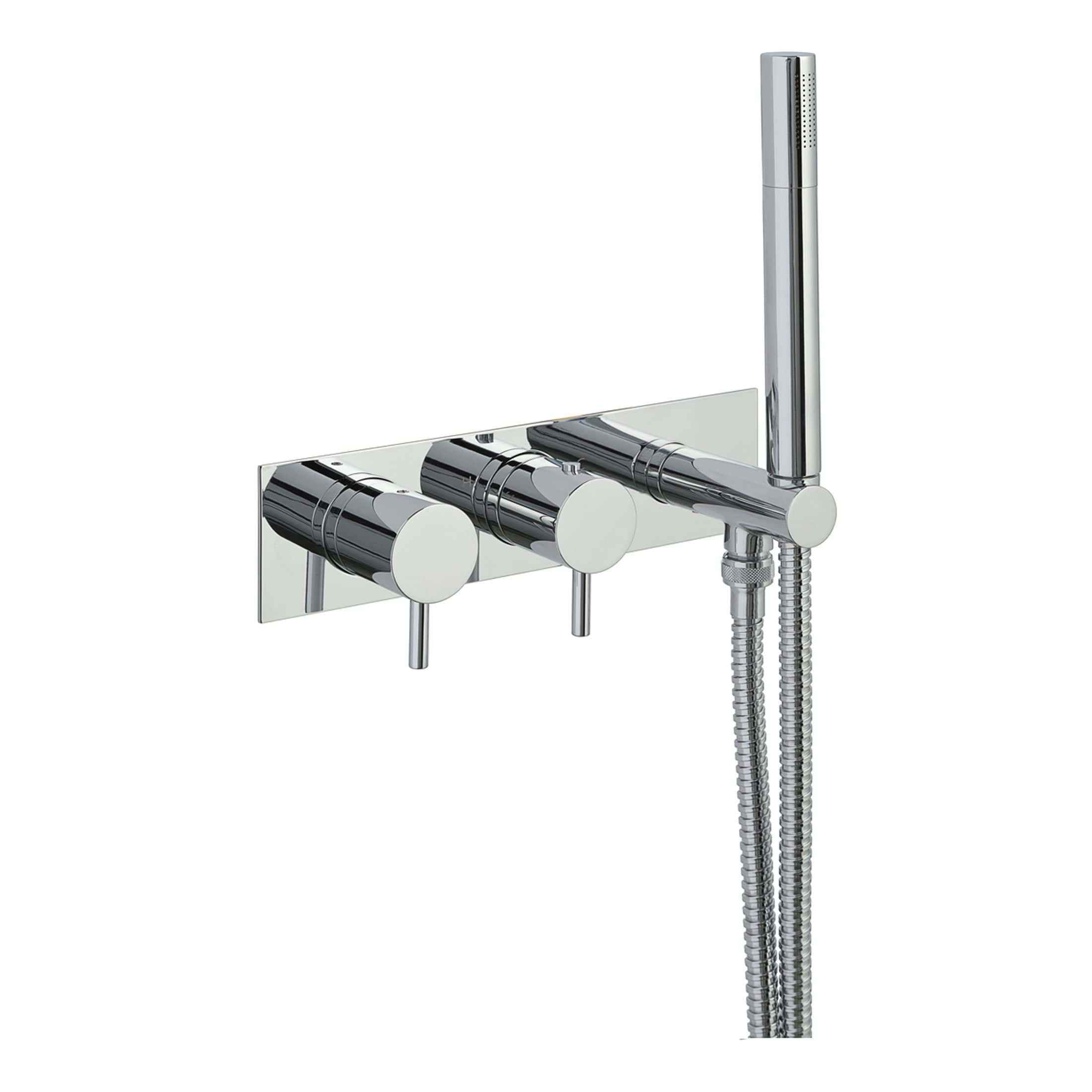 Sleek modern chrome bath shower mixer tap with a handheld shower head, ideal for contemporary bathrooms. Features three control knobs for temperature and water flow adjustment.